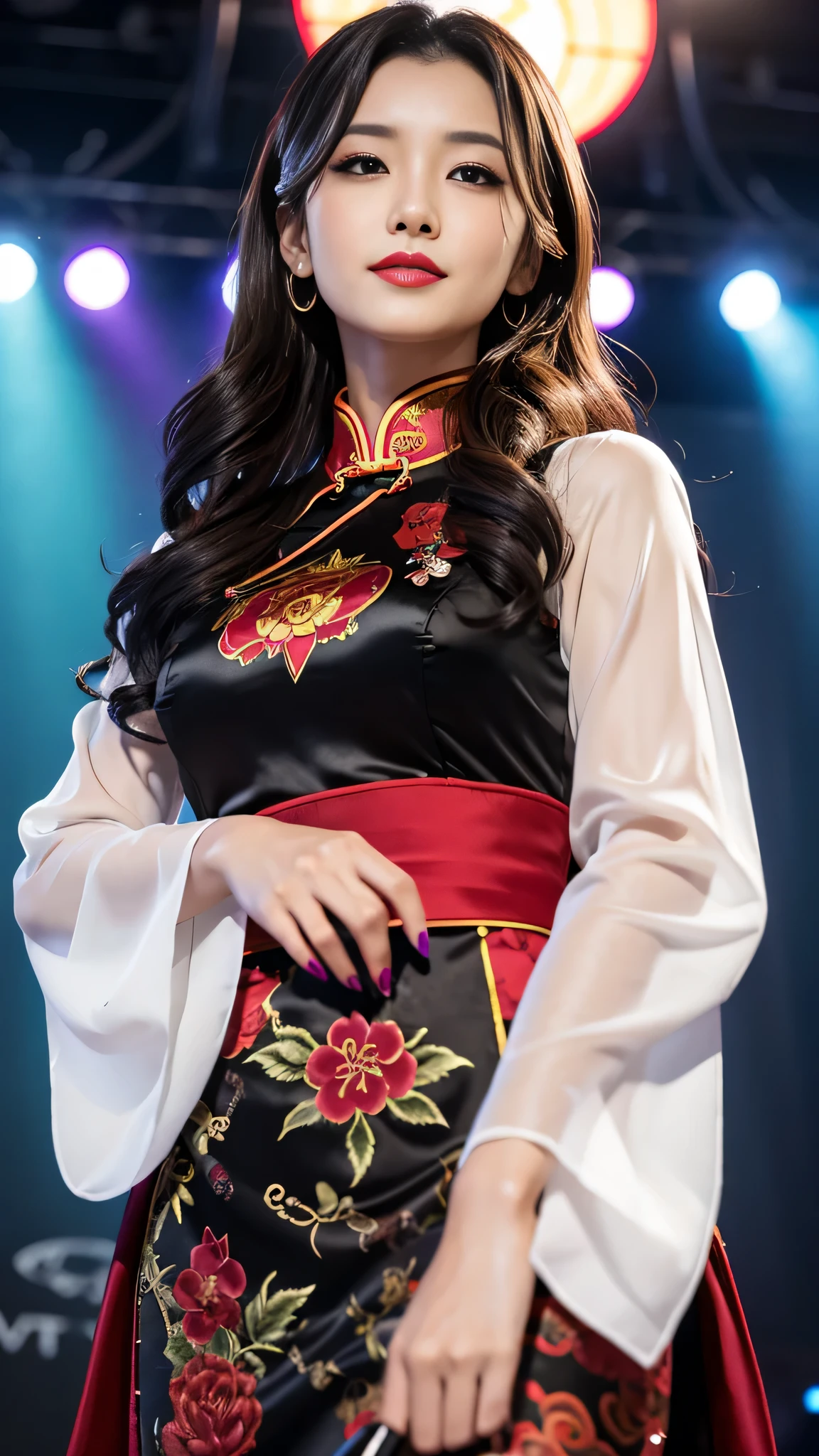 Super detailed、Japanese、charming beauty、seductive adult woman、Beautiful woman、sharp eyes、cool girl、wavy hair、long black cheongsam、wide sleeve、evilの幹部、evil depravity、brainwashing、Mind control、apply lipstick、grin、evilな表情、evil、empty eyes、evil、stage、vampire、Hypnosia makeup brush
