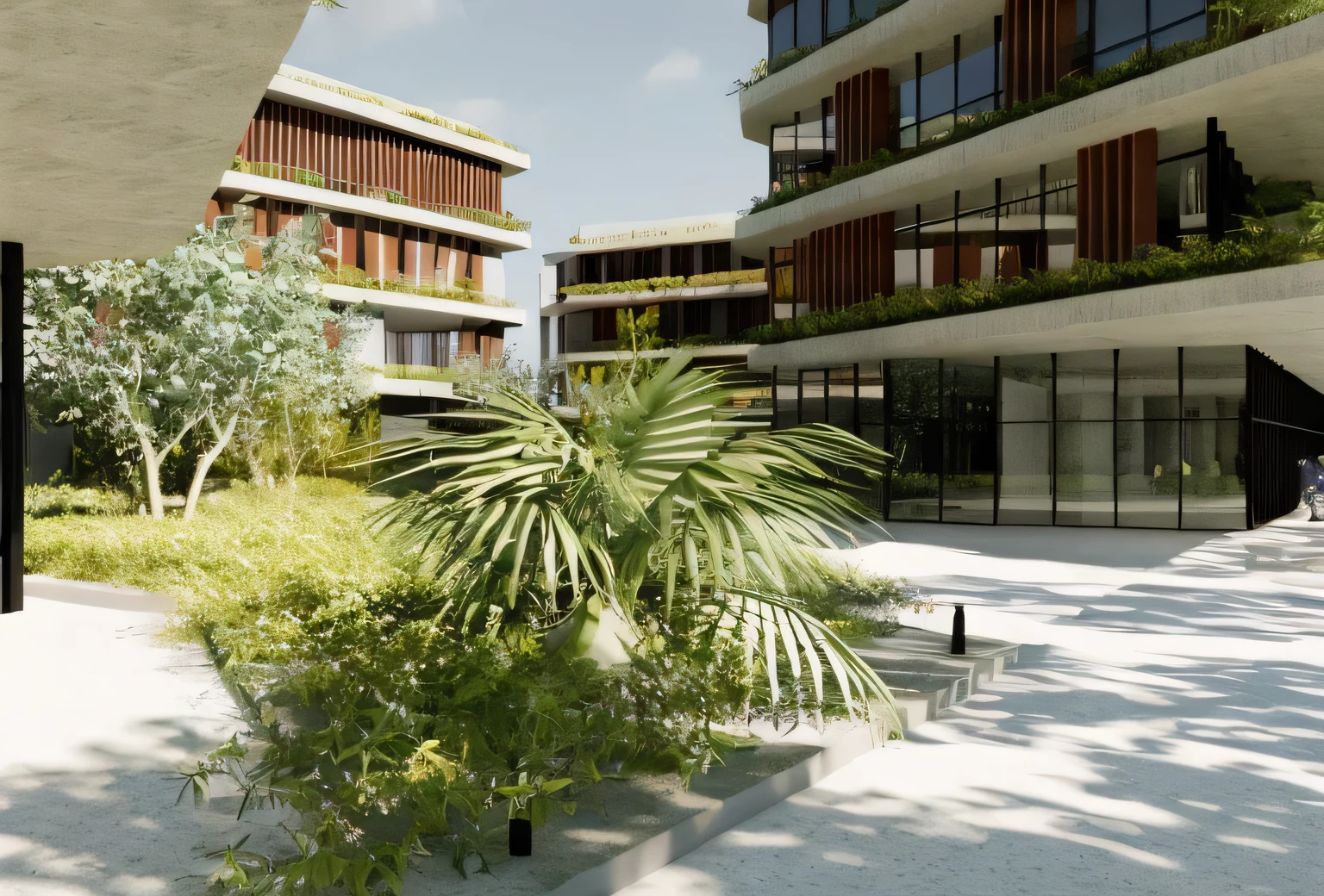 rendering of a courtyard with a walkway and a tree in the foreground, green terrace, architectural render, low angle dimetric rendering, architectural visualisation, detailed rendering, lush surroundings, vibrant greenery outside, lush garden surroundings, green spaces, architectural 3 d render, artistic impression, architectural rendering, insanely detailed rendering, realistic physical rendering, architecture render, high-quality render