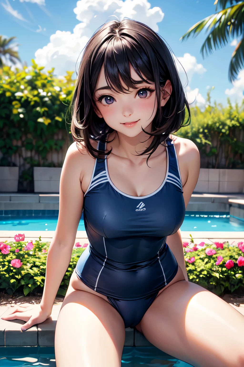 very cute and beautiful girl,(highly detailed beautiful face),blue school swimsuit, sitting,spread legs,looking at viewer,pool side,flowers in planters,(smile),black hair, (best quality,masterpiece:1.2),absurdres,highres,ultra-detailed,extremely detailed,32k, cinematic scene,detailed background,solo,dynamic angle, hair fluttering in the wind,beautiful detailed sky,
