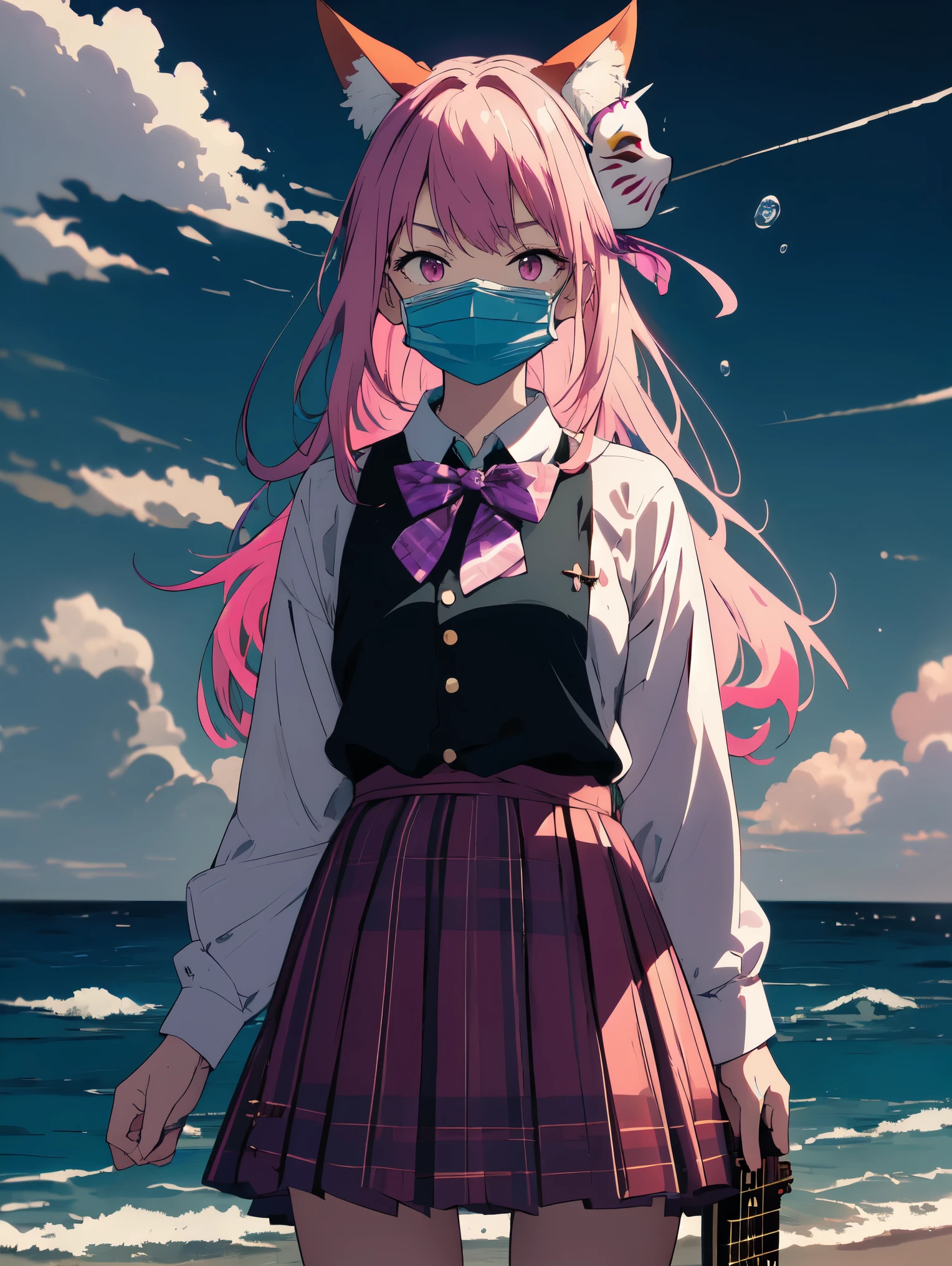 highest quality、masterpiece、detailed、(1 girl, size), (guitar alone), bubble skirt, aqua shirt, bow, bowtie, button, collared shirt, No expression, eyebrows hidden by hair, fox mask, cowboy shot, long hair, long sleeve, mask, multicolored button, pink eyes, pink hair, orange skirt, plaid, plaid shirt, purple bow, purple bowtie, shirt, skirt, alone, very long hair, Ocean, Ocean, beach, cloudy, sunlight, evening, moon, cloud, null, outdoors, cloudy null, leaf, Remains, sunbeam, after the apocalypse, Side view、Like a picture book、fantasy、beautiful anime