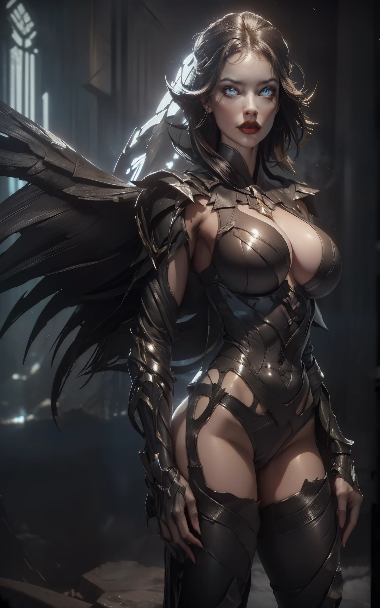(photorealism, best quality, high details, high-resolution:1.2, masterpiece, 4K), (dark fantasy illustration:1.3), portrait of beautiful woman, ((surrounded by black fog coming form all directions)), woman, messy black hair, nude, beautiful face, hourglass body, blue eyes, ((blue glowing eyes)), elegant, intricate , hourglass figure, (finely detailed beautiful eyes: 1.2), ((huge breasts)), perfect body, looking at viewer, enchanting gaze, 1girl, full body portrait, cinematic lighting, darkness, dark scene, ((dim light)), mute lighting, super detailed, ultrarealistic, digital photography