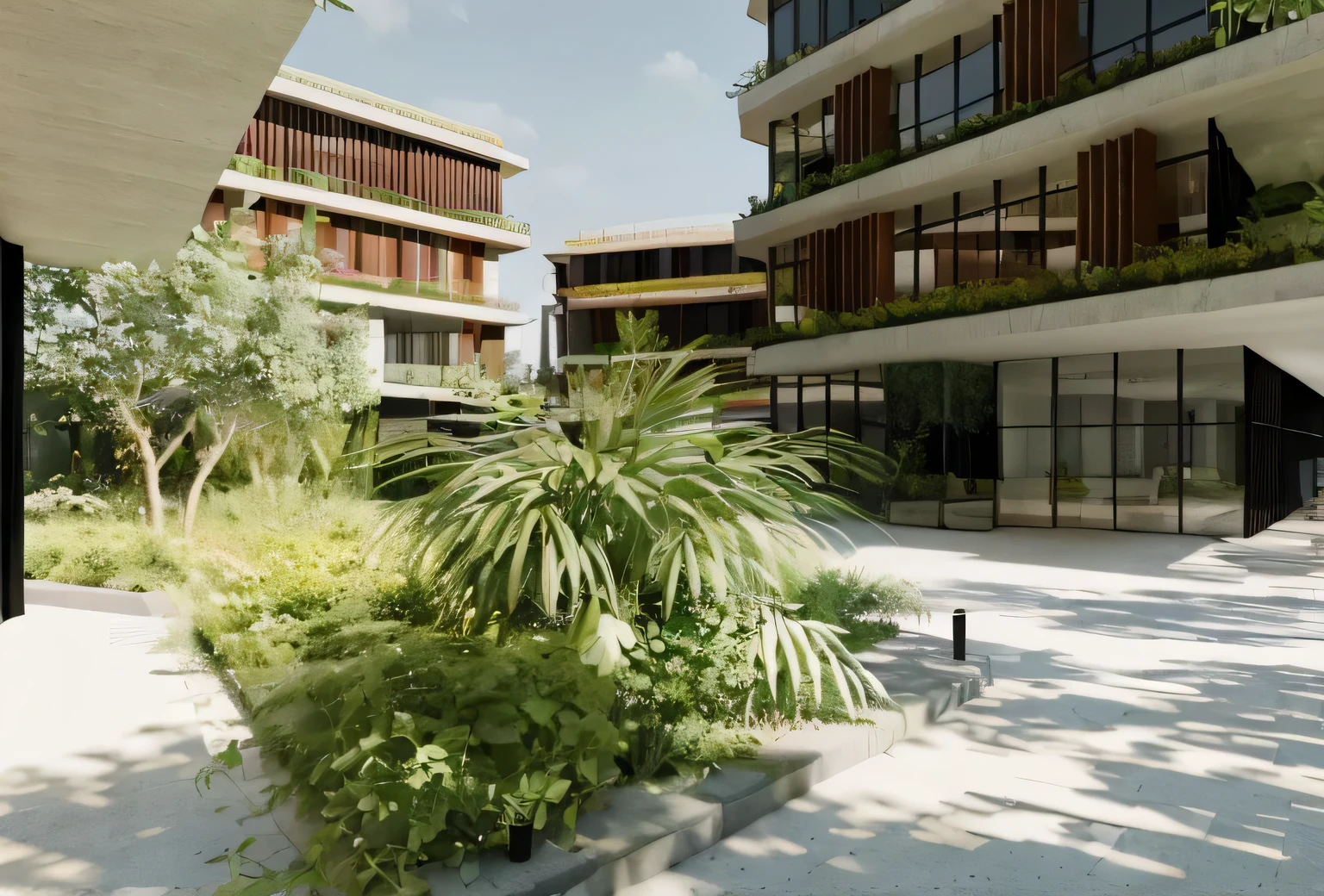 rendering of a courtyard with a walkway and a tree in the foreground, green terrace, architectural render, low angle dimetric rendering, architectural visualisation, detailed rendering, lush surroundings, vibrant greenery outside, lush garden surroundings, green spaces, architectural 3 d render, artistic impression, architectural rendering, insanely detailed rendering, realistic physical rendering, architecture render, high-quality render