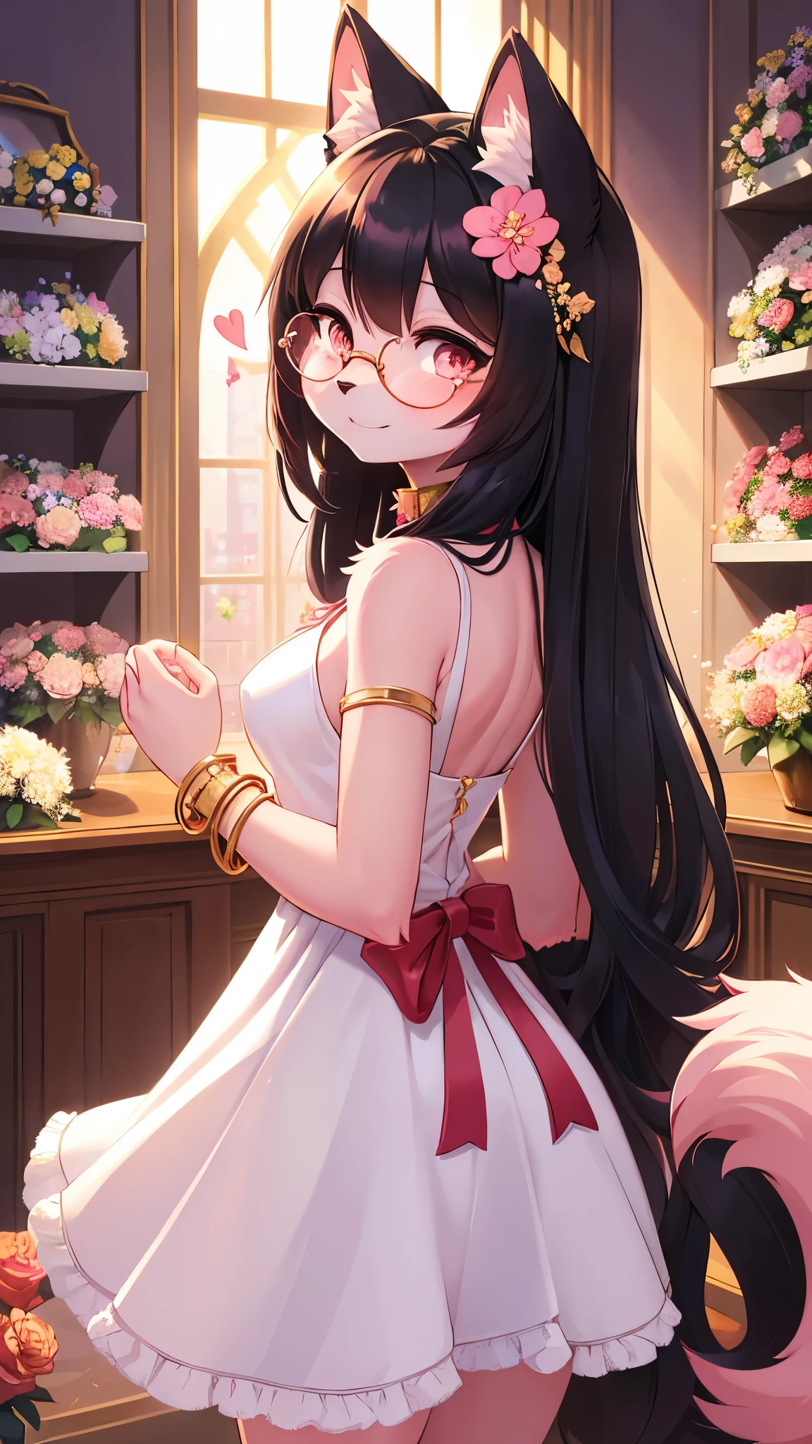 (fluffy anthro furry :1.3),cat girl,medium breasts,black long hair,pink body fur,black cat ears,pink cat tail,big round glasses,white dress with red ribbon,sleeveless,flower hairpin,gold bracelet,luxury heart collar,beautiful flower shop,gold sunlight,looking at viewer,shy face,full face blush,smile,back view