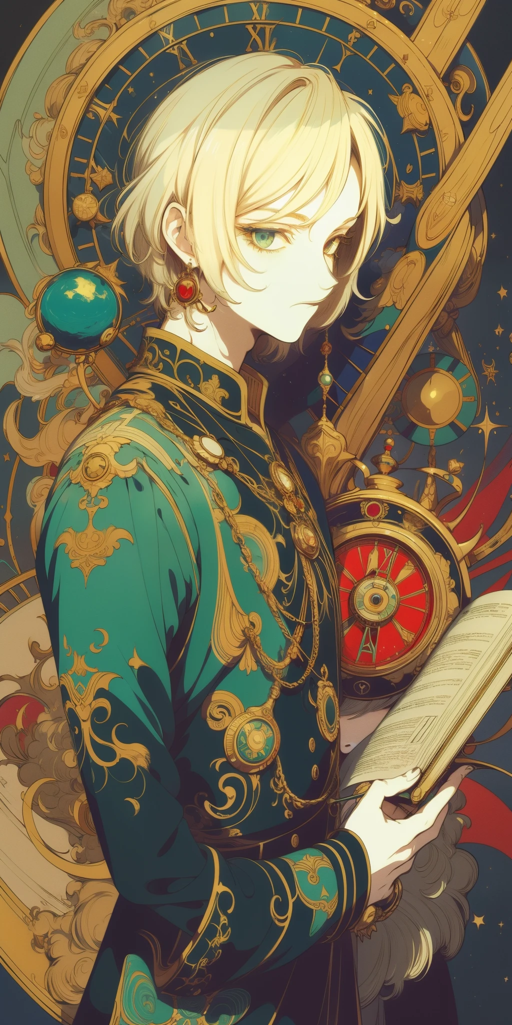 Johannes Kepler as a Bungo Stray Dogs character, 1boy,painting medium,bright colors,divine lighting,white hair, green eyes, blue coat, humorous, glimmering eyes, happy, brusque,focused gaze,meticulously detailed costume,elaborate background,creative perspective,confident posture,subtle smile,scientific books and equipment,eye-catching accessories like a pocket watch,aura of intelligence and curiosity,floating mathematical equations,vibrant personality,authentic historical representation,vivid expressions,expressive eyes,deep red and gold color scheme,mystical atmosphere,dramatic shadows,sharp and precise linework,ornate design elements,ethereal glow,breaking the boundaries of space and time,explosions of color,mysterious aura,showcasing his intellectual prowess,background with celestial objects,add a touch of whimsy and magic,(best quality,4k,high-res,photorealistic)