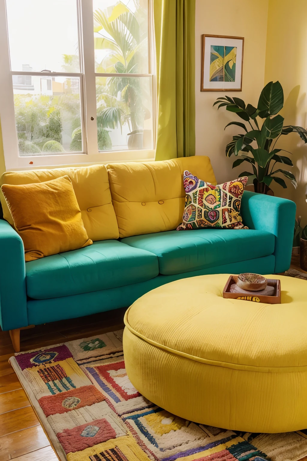 A vibrant yellow banana-shaped couch sits in a cozy living room, its curve cradling a pile of colorful cushions. On the wooden floor, a patterned rug adds a touch of eclectic charm, and a potted plant sits in the corner, reaching towards the sunlight filtering through the window.