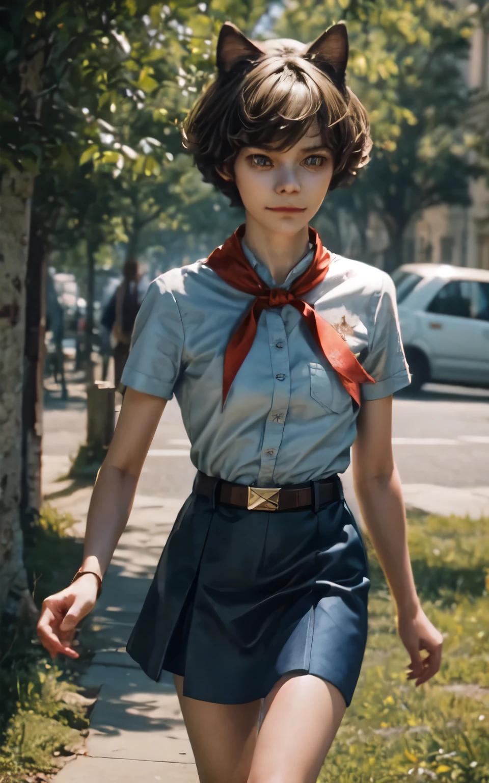 very young slim fit girl, full height, rounded face, (disheveled short hair:1.4), big blue eyes, shy smile, perfect flat breast, band on head with fake cat ears, pioneer neckerchief, short tight blue pleated skirt, bangs, tight white shirt, short sleeves, collared shirt, belt, red neckerchief, breast pocket
