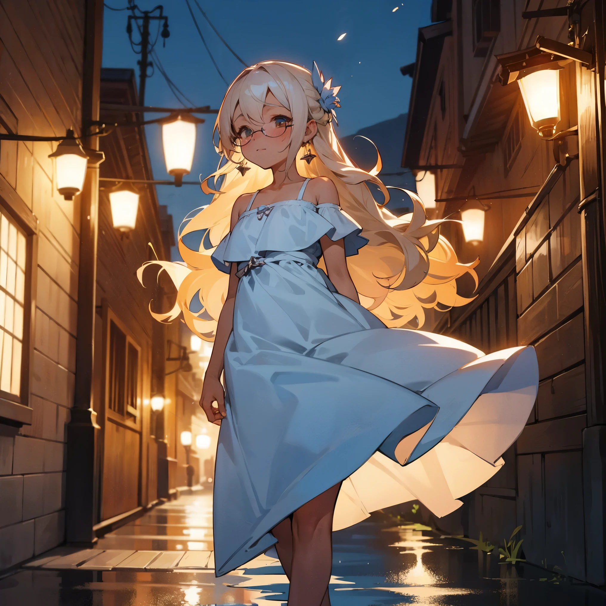1female, adult, sexy, tan skin, finely detailed white eyes, wavy hair, arctic blue ombre hair color, sundress, blushing, standing in alley, night, village background, alluring expression, earrings, lanterns, cute expression, glasses 
