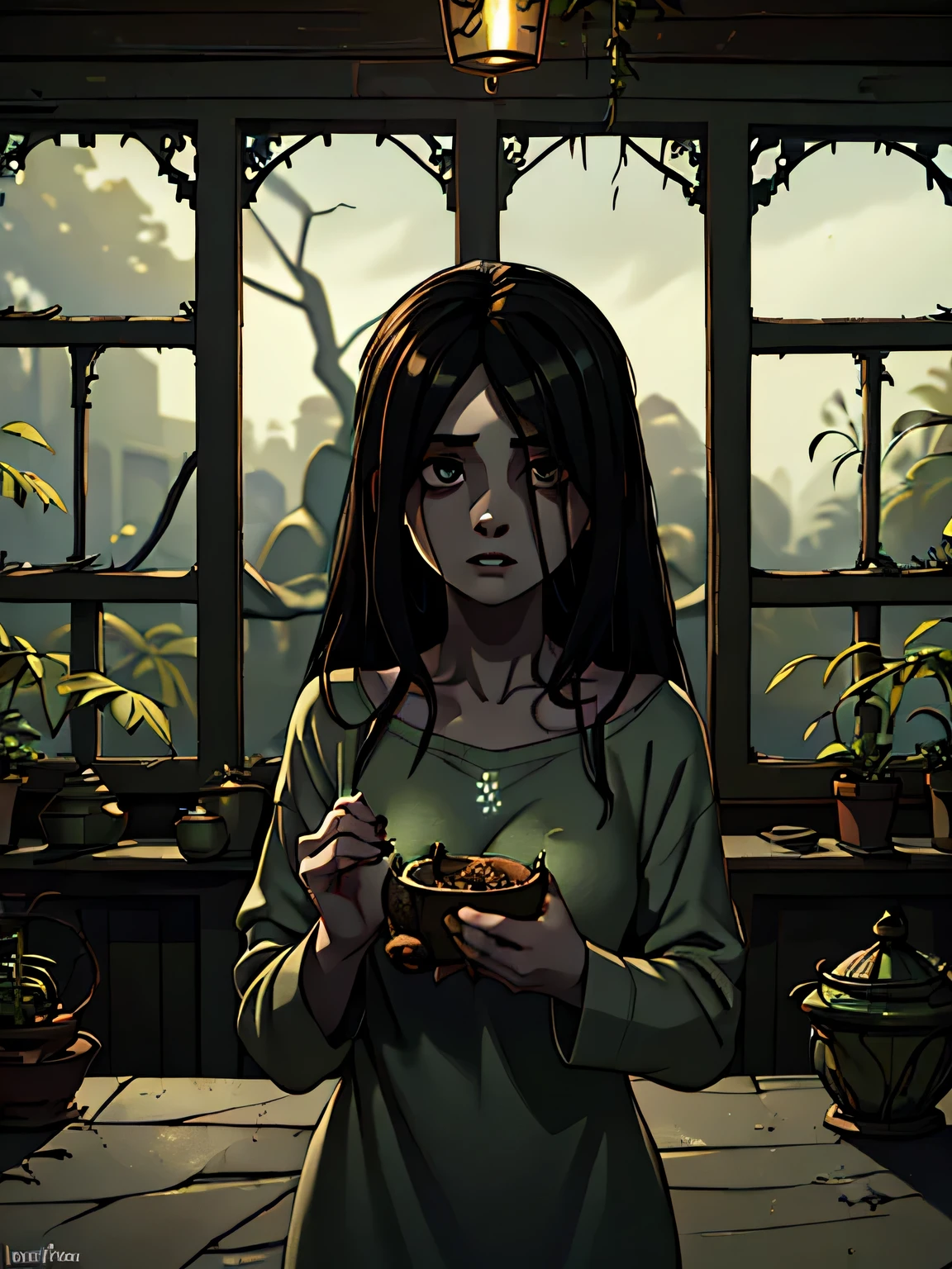 (best quality,highres,masterpiece:1.2),ultra-detailed,realistic, pale skin, detailed eyes and lips, haunting expression, eerie atmosphere, dark lighting, The Grudge as an herbalist and plant seller, long black hair, tattered clothes, gloomy setting, overgrown plants and vines, creepy ambiance, jars of herbs and potions.