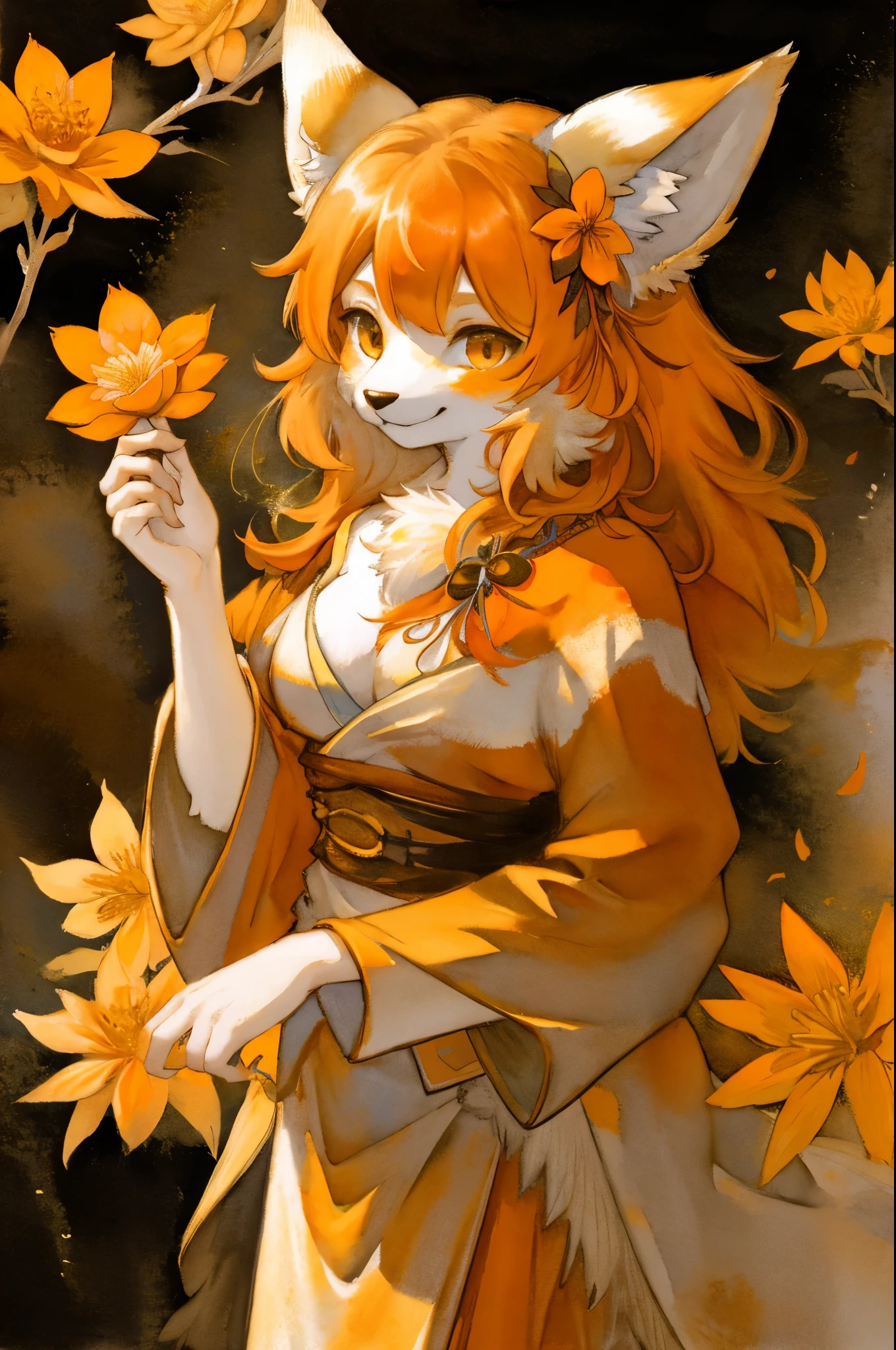 monochrome, watercolor, highres, top quality, best quality, paid reward available, High-quality illustrations, unparalleled masterpiece, perfect artwork, absurdres, 1girl, kemono, furry, detailed body fur, animal face, animal hand, Archaic Smile, holding a cluster of orange flower in both hands, which are positioned at chest level, She is wearing a simple ring on the ring finger of her left hand, unfocused spread of orange flower, fan-created work shared on platforms Pixiv or Twitter,