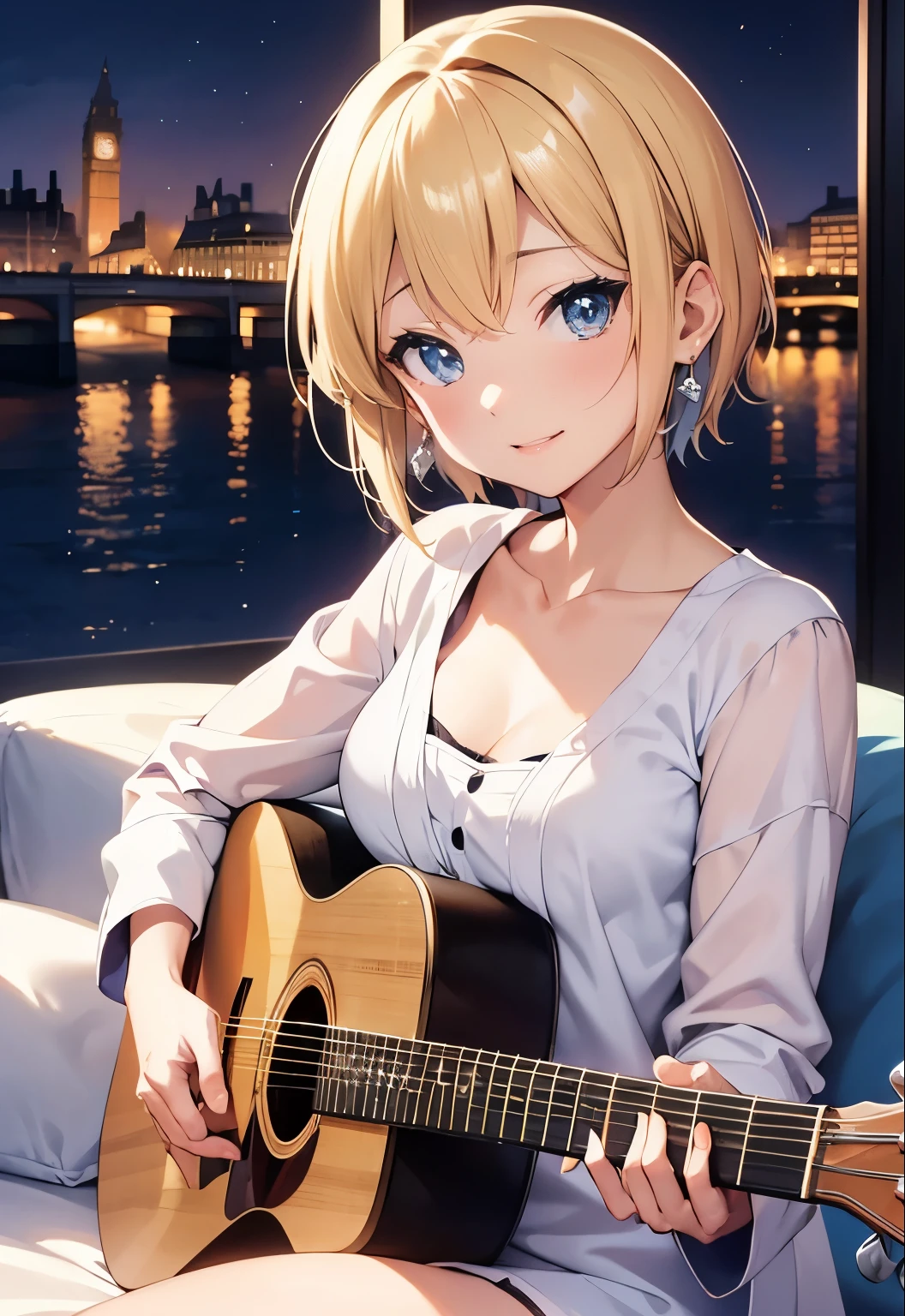 High resolution, 2D anime style,,Blue eyes beautiful eyes,high and beautiful nose,thin face,blonde boyish short hair,cool woman,beautiful earrings,beautiful clock,chest is a little big,she looks very sad,She is smiling so much,blush,she narrows her eyes,Fashion that shows off your stomach,she is wearing a fluffy bathrobe.,,playing the guitar and singing,sitting on the bed,bedroom at night,london cityscape