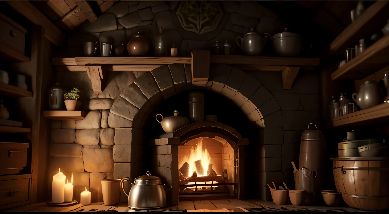 lareira com fogo e uma jarra ao lado, warm lareira, cosy lareira, lareira rugindo, em sua casa de hobbit, in fantasy tavern near lareira, lareira, irori lareira, ambiente aconchegante, papel de parede aconchegante, realistic fantasy rendering, interior of a buraco do hobbit, very realistic render, lugar aconchegante, unrealistic rendering without engine 5, super detailed rendering, buraco do hobbit