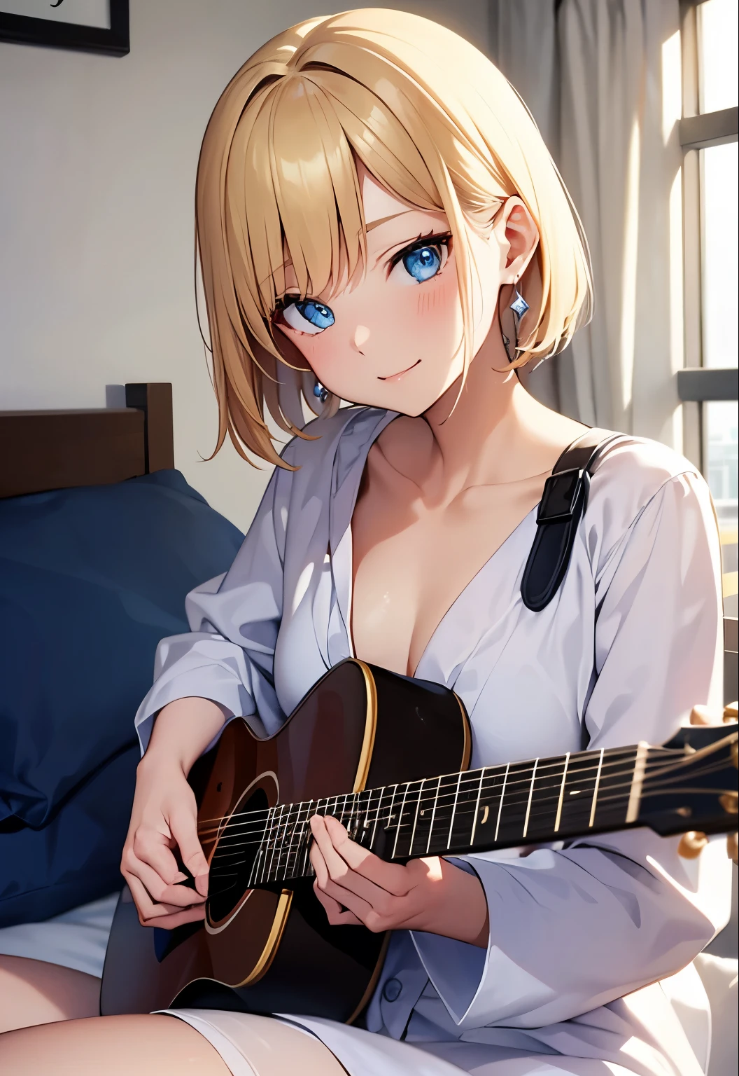 High resolution, 2D anime style,,Blue eyes beautiful eyes,high and beautiful nose,thin face,blonde boyish short hair,cool woman,beautiful earrings,beautiful clock,chest is a little big,she looks very sad,She is smiling so much,bite&#39;lips,blush,she narrows her eyes,Fashion that shows off your stomach,she is wearing a fluffy bathrobe.,,playing the guitar and singing,sitting on the bed,bedroom at night,london cityscape