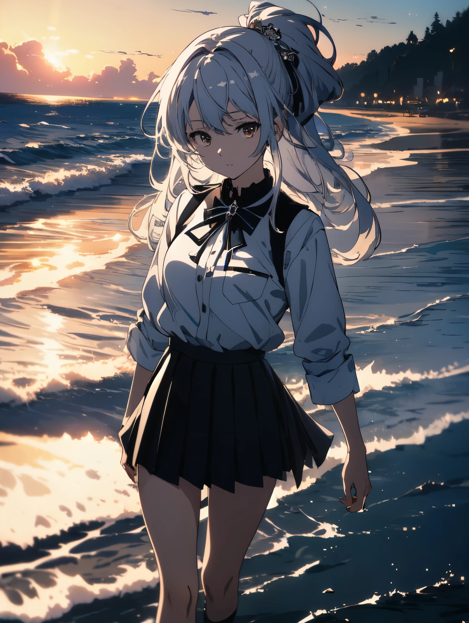 ((masterpiece)), ((highest quality)), ((High resolution)), ((Highly detailed CG Unity 8k wallpaper)), alone, tachibana kanade, tanned uniform, black skirt, white socks, outdoors, face, curtained hair, beach, parted hair, silver hair、beautiful anime