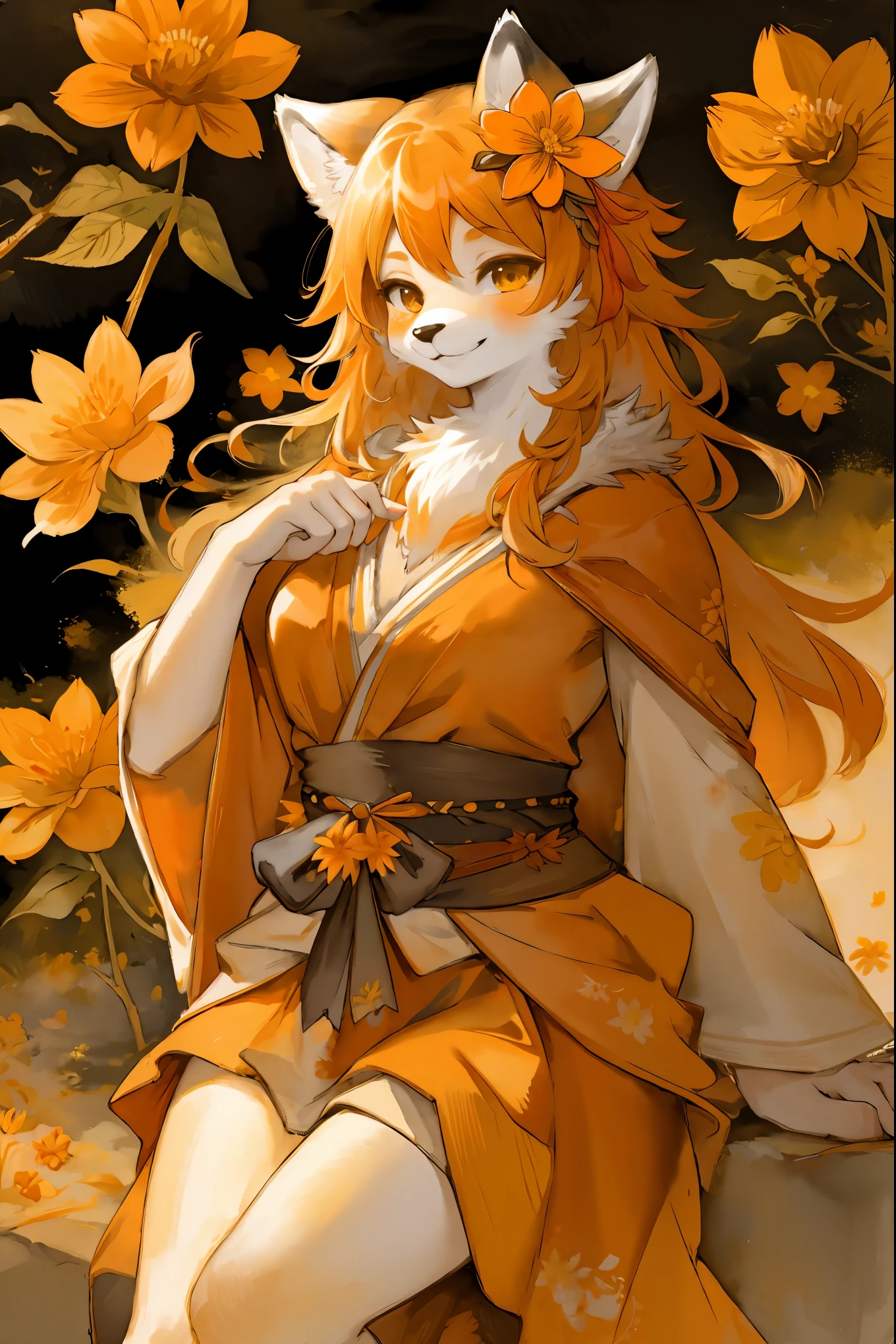 monochrome, watercolor, highres, top quality, best quality, paid reward available, High-quality illustrations, unparalleled masterpiece, perfect artwork, absurdres, 1girl, kemono, furry, detailed body fur, animal face, animal hand, Archaic Smile, holding a cluster of orange flower in both hands, which are positioned at chest level, She is wearing a simple ring on the ring finger of her left hand, unfocused spread of orange flower, fan-created work shared on platforms Pixiv or Twitter,