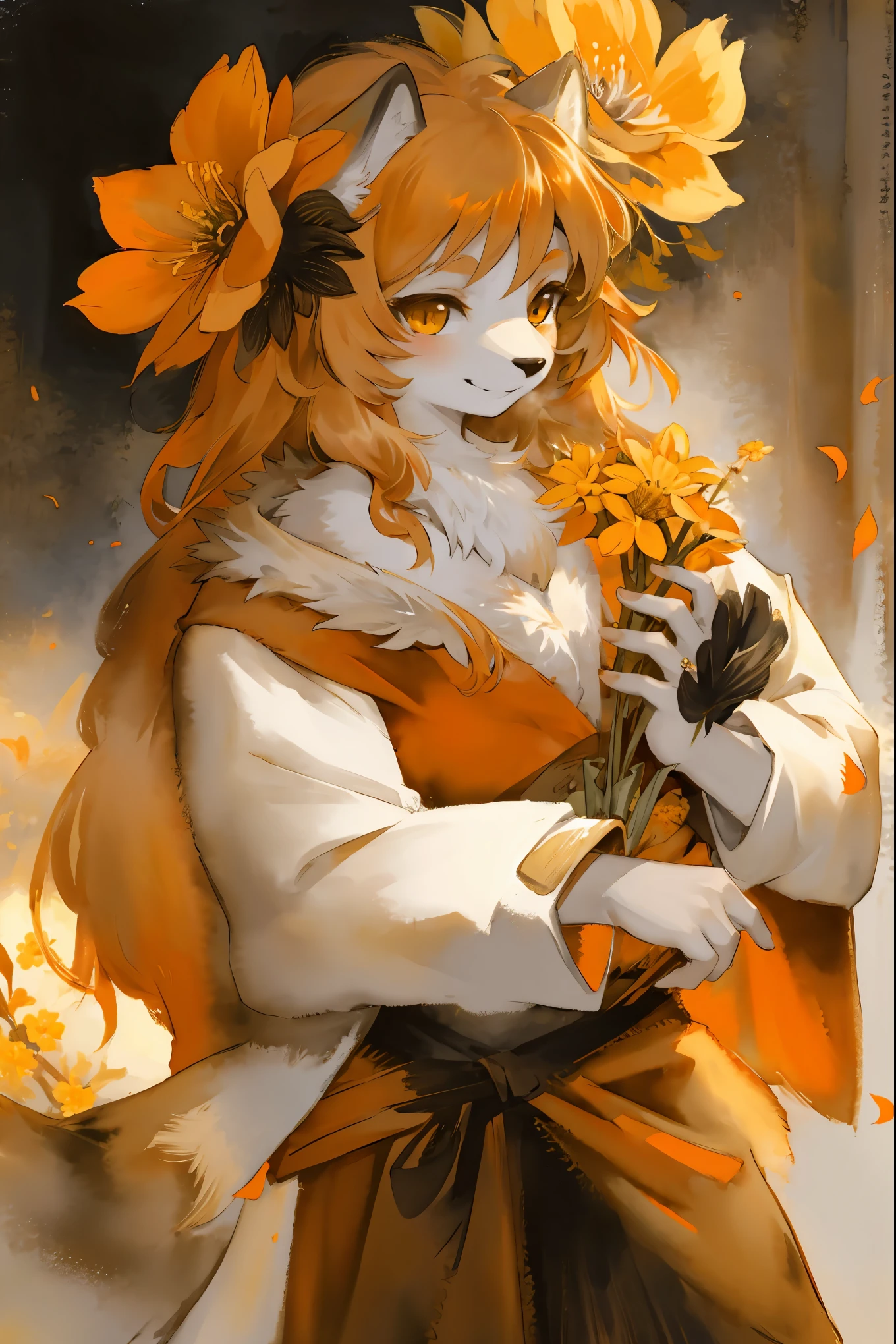 monochrome, watercolor, highres, top quality, best quality, paid reward available, High-quality illustrations, unparalleled masterpiece, perfect artwork, absurdres, 1girl, kemono, furry, detailed body fur, animal face, animal hand, Archaic Smile, holding a cluster of orange flower in both hands, which are positioned at chest level, She is wearing a simple ring on the ring finger of her left hand, unfocused spread of orange flower, fan-created work shared on platforms Pixiv or Twitter,