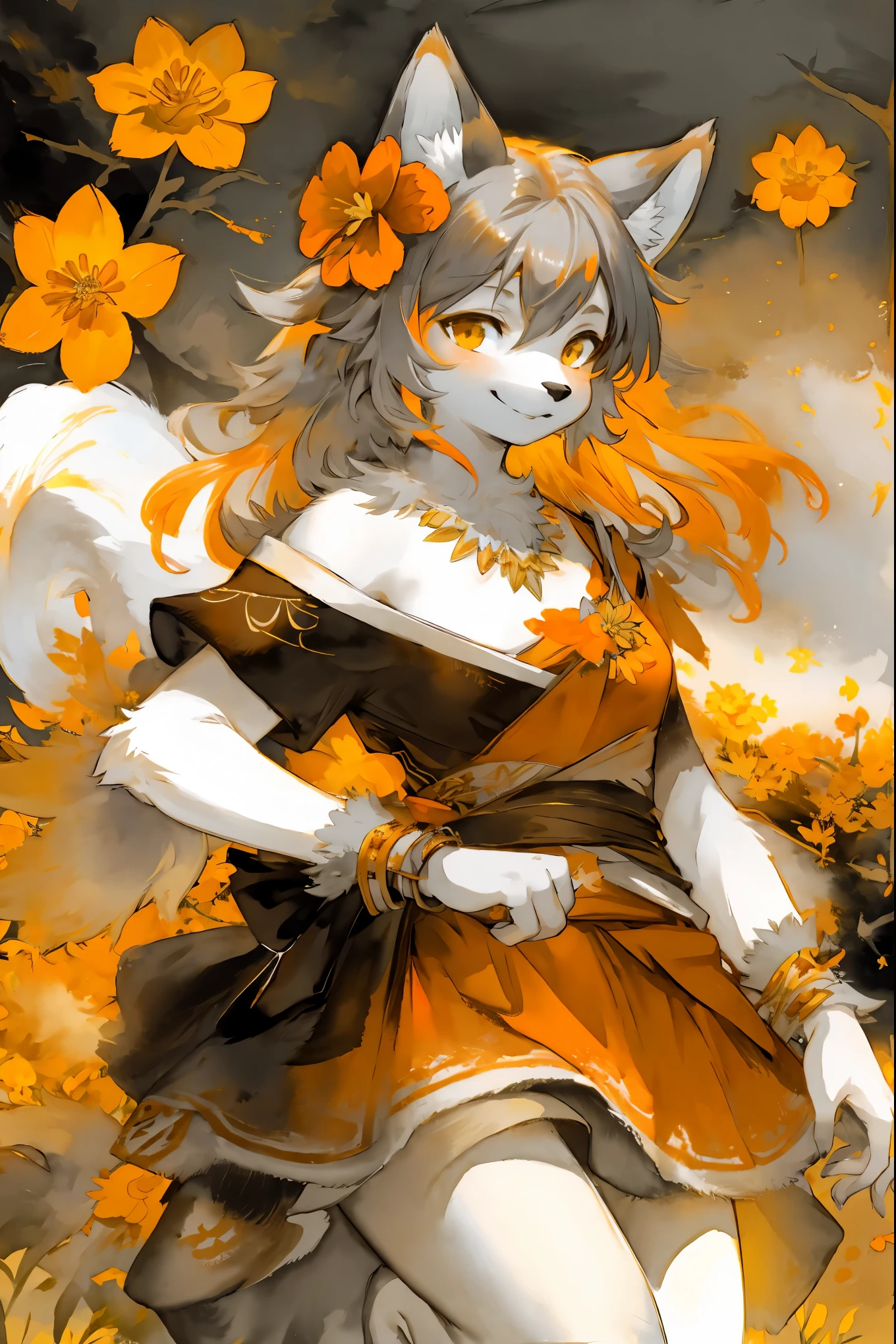 monochrome, watercolor, highres, top quality, best quality, paid reward available, High-quality illustrations, unparalleled masterpiece, perfect artwork, absurdres, 1girl, kemono, furry, detailed body fur, animal face, animal hand, Archaic Smile, holding a cluster of orange flower in both hands, which are positioned at chest level, She is wearing a simple ring on the ring finger of her left hand, unfocused spread of orange flower, fan-created work shared on platforms Pixiv or Twitter,