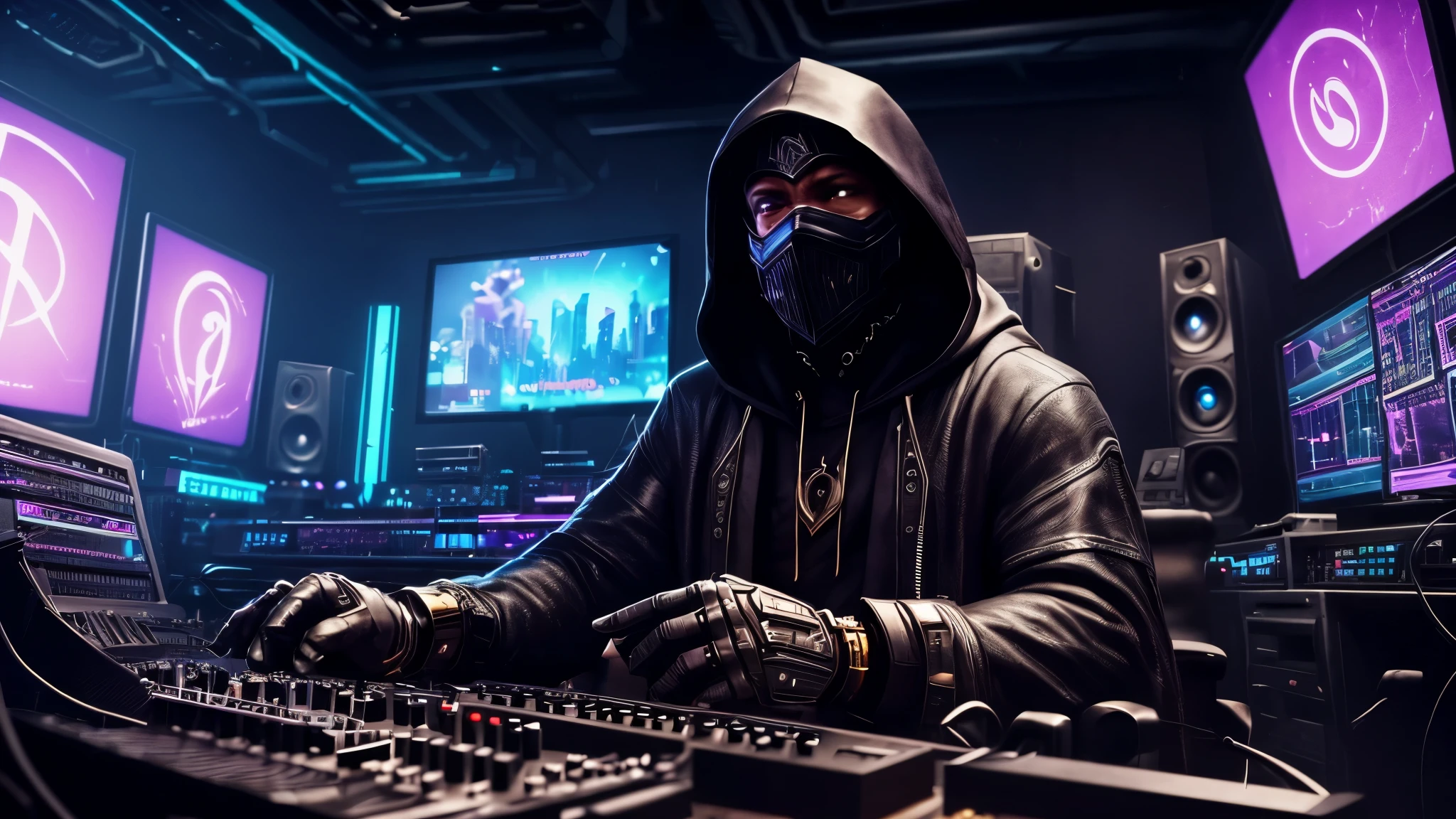 An unknown black man in a music studio at the desk is a master of his craft, a black hood on his head, wearing a black mask,(((arcane style))), League of Legends style, game modelling, ((cyberpunk style)), Hi-Tech city, mechanical enhancement, (high-tech fantasy)