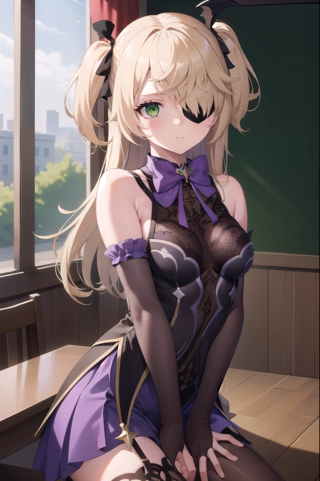 fischl, BREAK fischl, blonde hair, (eyepatch:1.5), (green eyes:1.5), hair ribbon, long hair, one eye covered, ribbon, two side up, (small breast:1.2),
BREAK asymmetrical legwear, bare shoulders, black gloves, black ribbon, bodystocking, bow, bowtie, bridal gauntlets, dress, elbow gloves, gloves, green eyes, purple bow, purple bowtie, purple dress, ribbon, single bridal gauntlet, single glove, single leg pantyhose, sleeveless, sleeveless dress, thighhighs, uneven legwear
BREAK looking at viewer,
BREAK indoors, classroom,
BREAK (masterpiece:1.2), best quality, high resolution, unity 8k wallpaper, (illustration:0.8), (beautiful detailed eyes:1.6), extremely detailed face, perfect lighting, extremely detailed CG, (perfect hands, perfect anatomy),