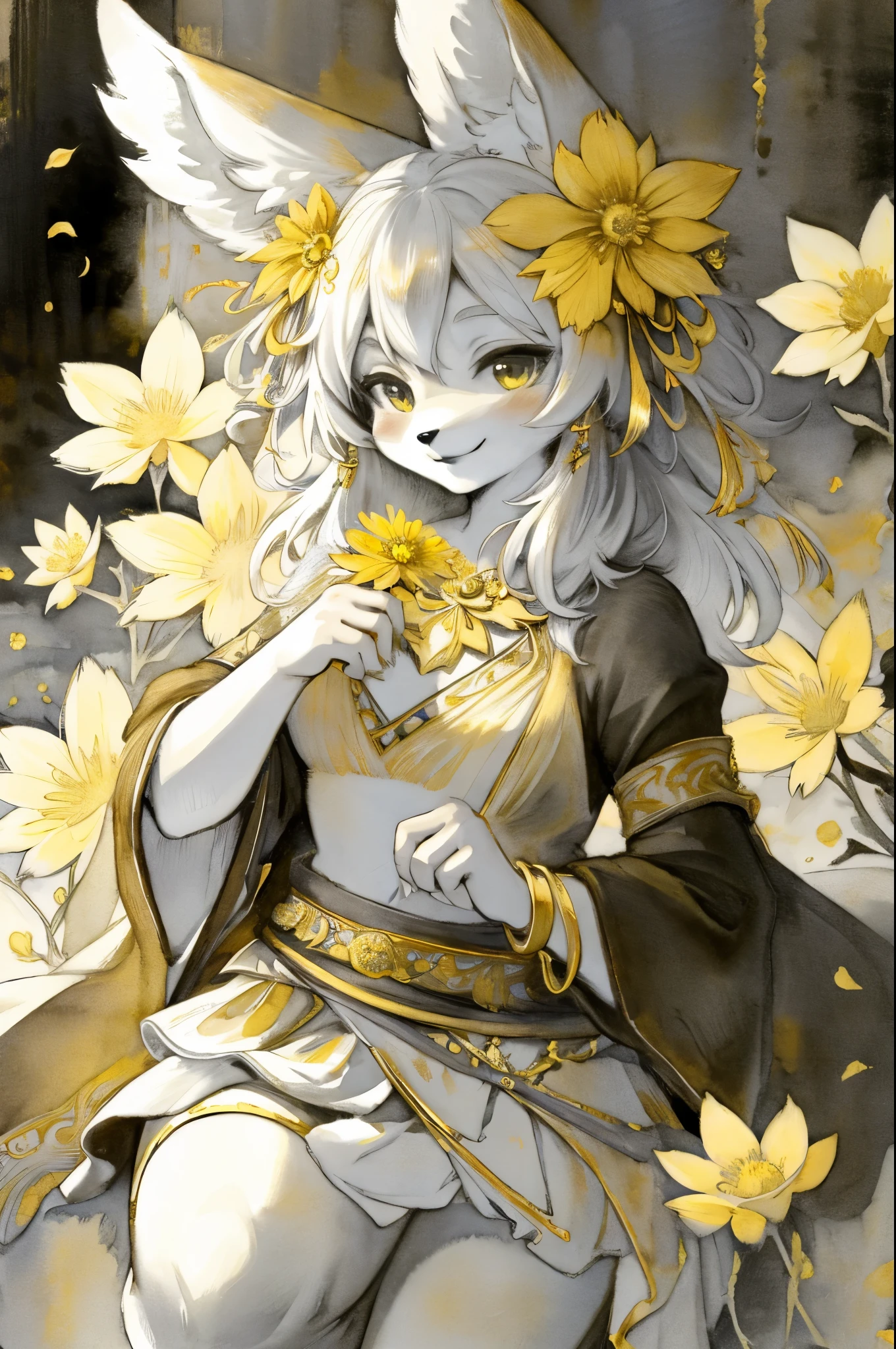 monochrome, watercolor, highres, top quality, best quality, paid reward available, High-quality illustrations, unparalleled masterpiece, perfect artwork, absurdres, 1girl, kemono, furry, detailed body fur, animal face, animal hand, Archaic Smile, holding a cluster of gold flower in both hands, which are positioned at chest level, She is wearing a simple ring on the ring finger of her left hand, unfocused spread of gold flower, fan-created work shared on platforms Pixiv or Twitter,
