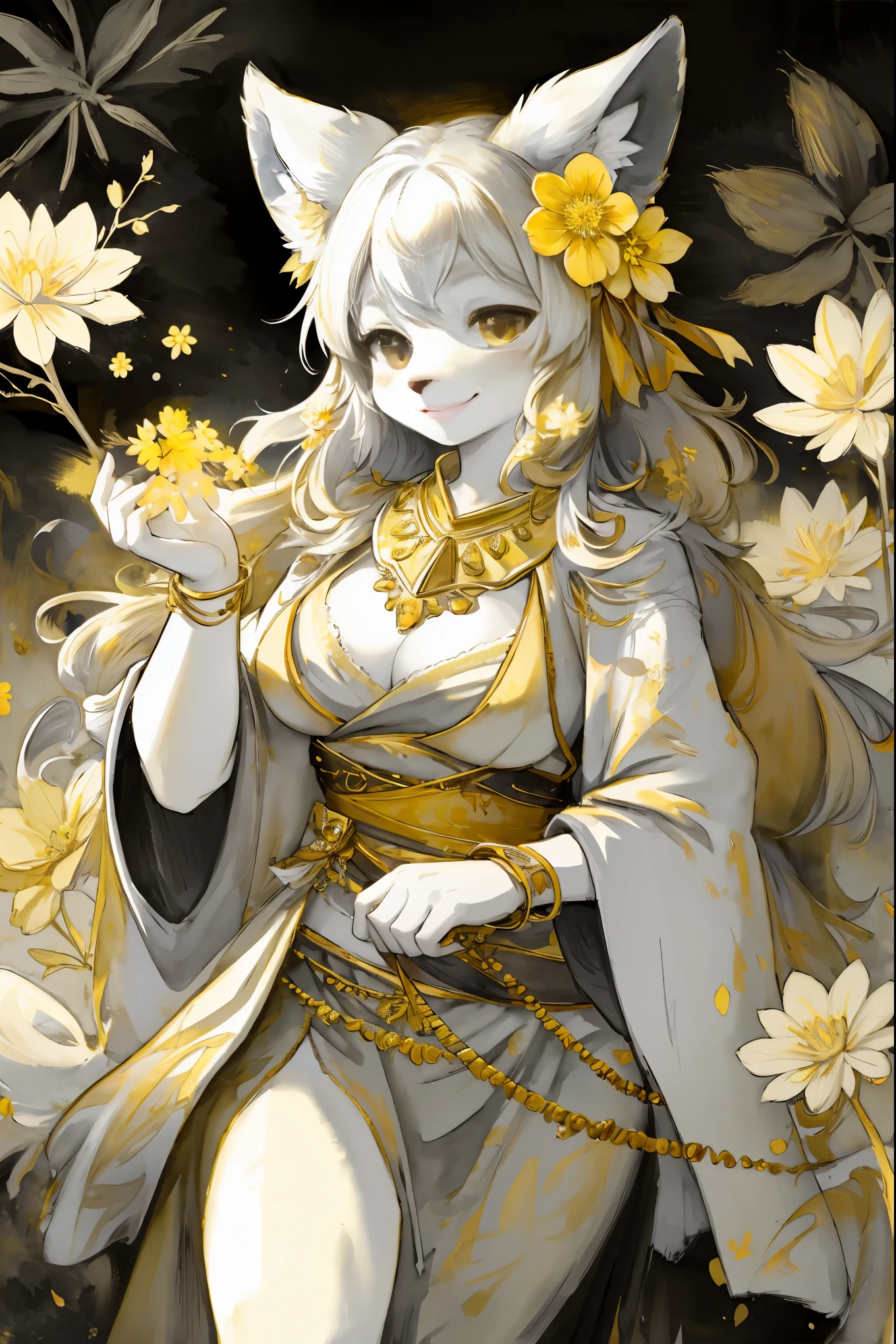 monochrome, watercolor, highres, top quality, best quality, paid reward available, High-quality illustrations, unparalleled masterpiece, perfect artwork, absurdres, 1girl, kemono, furry, detailed body fur, animal face, animal hand, Archaic Smile, holding a cluster of gold flower in both hands, which are positioned at chest level, She is wearing a simple ring on the ring finger of her left hand, unfocused spread of gold flower, fan-created work shared on platforms Pixiv or Twitter,