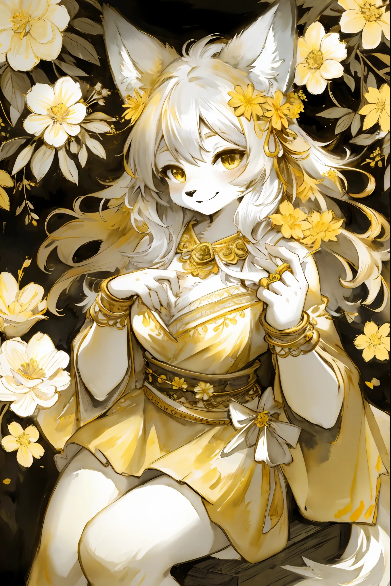 monochrome, watercolor, highres, top quality, best quality, paid reward available, High-quality illustrations, unparalleled masterpiece, perfect artwork, absurdres, 1girl, kemono, furry, detailed body fur, animal face, animal hand, Archaic Smile, holding a cluster of gold flower in both hands, which are positioned at chest level, She is wearing a simple ring on the ring finger of her left hand, unfocused spread of gold flower, fan-created work shared on platforms Pixiv or Twitter,