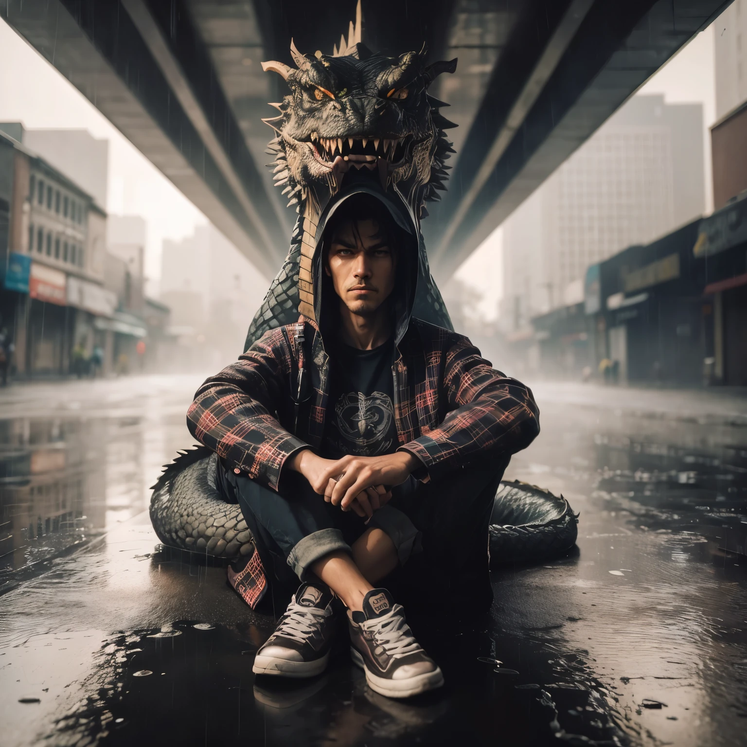 there is a man sitting on the ground in a rain soaked street, surreal portrait photography, dramatic portraiture of namenlos, realistic fantasy photography, cinematic shot epic portraits, unsplash contest winning photo, man with the soul of a dragon, realism art, photo manipulation, epic portrait of menacing, dramatic portraiture of uuen, 8k artistic portrait photography