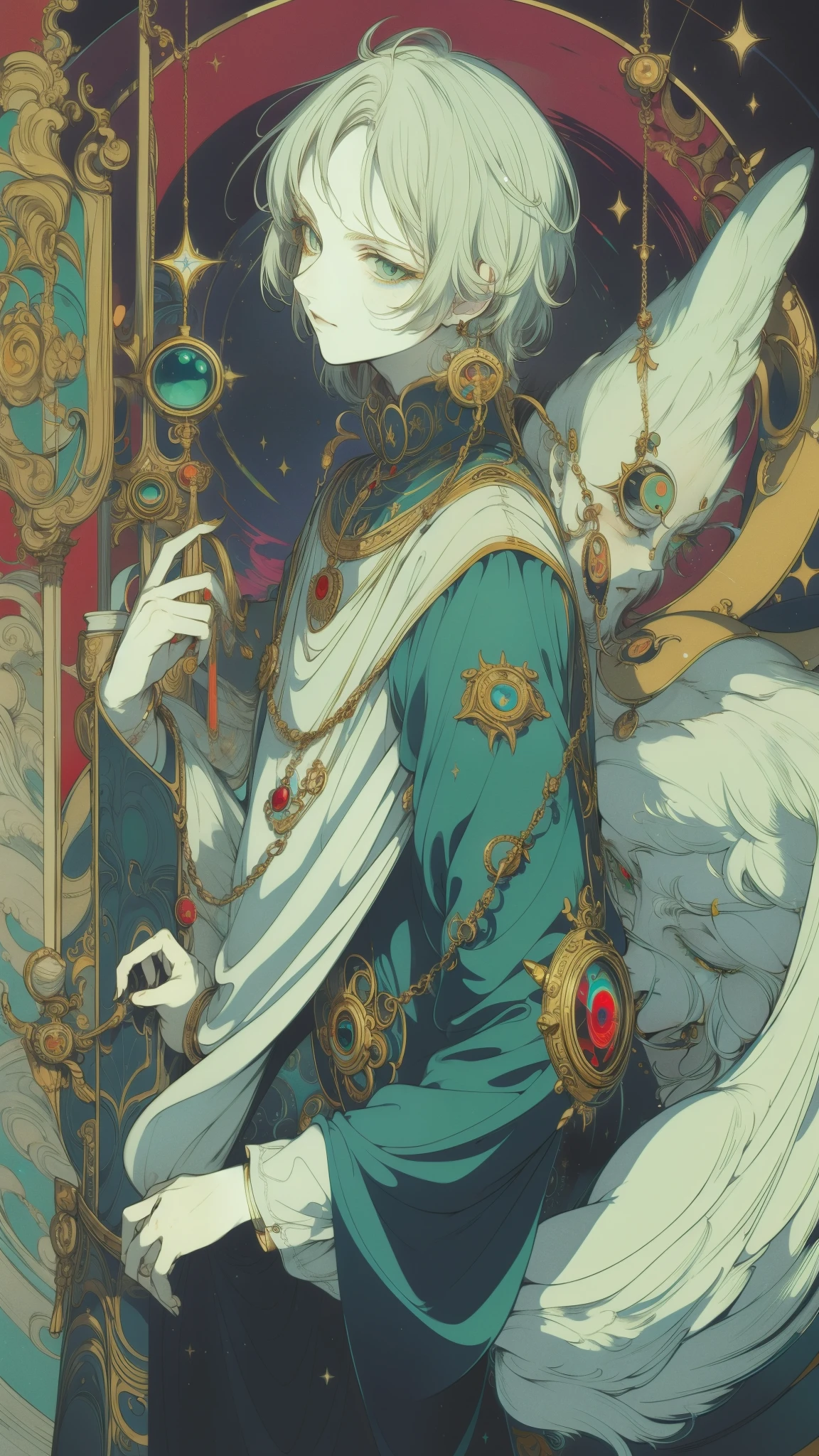 Johannes Kepler as a Bungo Stray Dogs character, 1boy,painting medium,bright colors,divine lighting,white hair, green eyes, blue coat, humorous, glimmering eyes, happy, brusque,focused gaze,meticulously detailed costume,elaborate background,creative perspective,confident posture,subtle smile,scientific books and equipment,eye-catching accessories like a pocket watch,aura of intelligence and curiosity,floating mathematical equations,vibrant personality,authentic historical representation,vivid expressions,expressive eyes,deep red and gold color scheme,mystical atmosphere,dramatic shadows,sharp and precise linework,ornate design elements,ethereal glow,breaking the boundaries of space and time,explosions of color,mysterious aura,showcasing his intellectual prowess,background with celestial objects,add a touch of whimsy and magic,(best quality,4k,high-res,photorealistic)