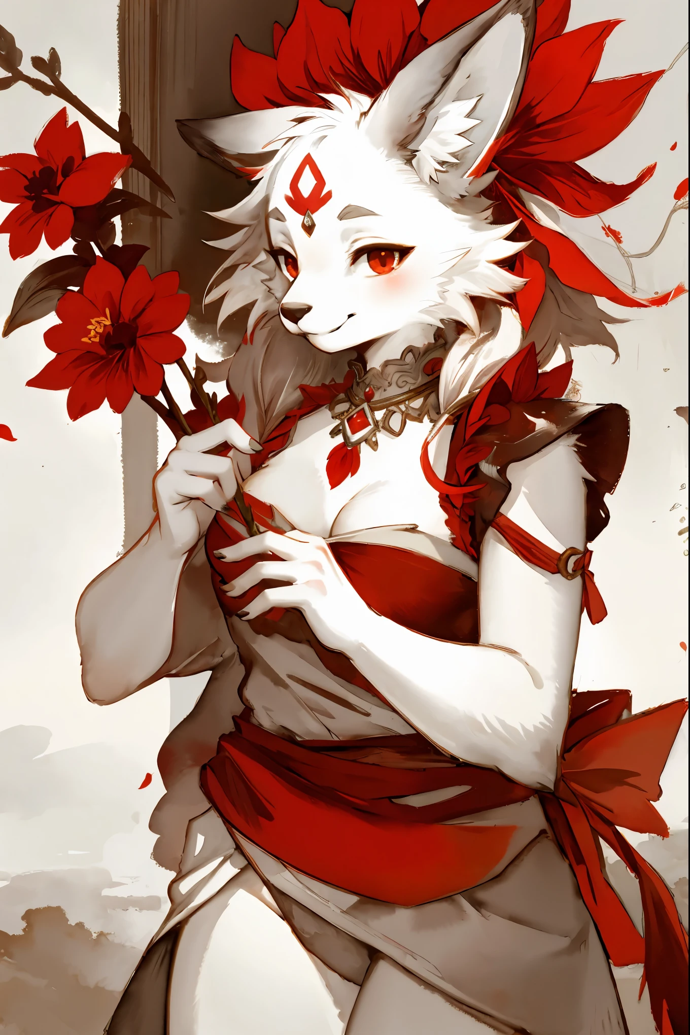 monochrome, watercolor, highres, top quality, best quality, paid reward available, High-quality illustrations, unparalleled masterpiece, perfect artwork, absurdres, 1girl, kemono, furry, detailed body fur, animal face, animal hand, Archaic Smile, holding a cluster of red flower in both hands, which are positioned at chest level, She is wearing a simple ring on the ring finger of her left hand, unfocused spread of red flower, fan-created work shared on platforms Pixiv or Twitter,