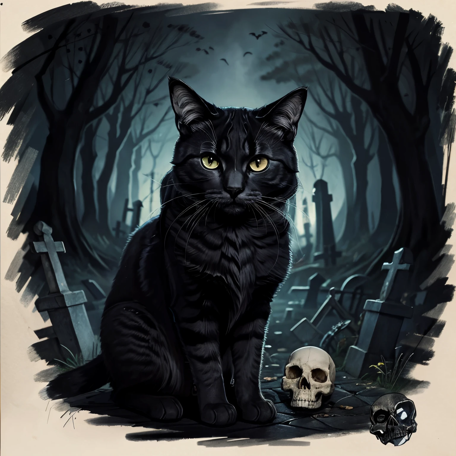 Drawing of a hybrid cat of a skull, con el esqueleto salido, en un cementerio de noche, en estilo de dibujo digital, Dark and gloomy colors