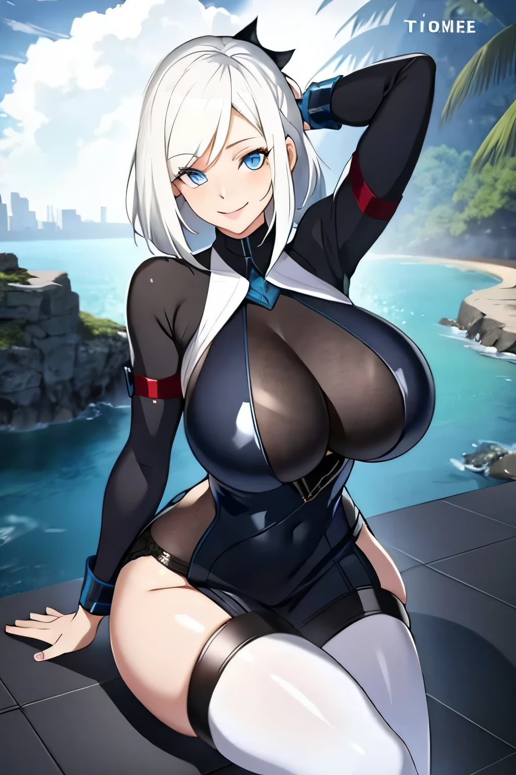 white hair, blue eyes, solo, smiling, standing, upper body, hips, gigantic breasts, black clothes