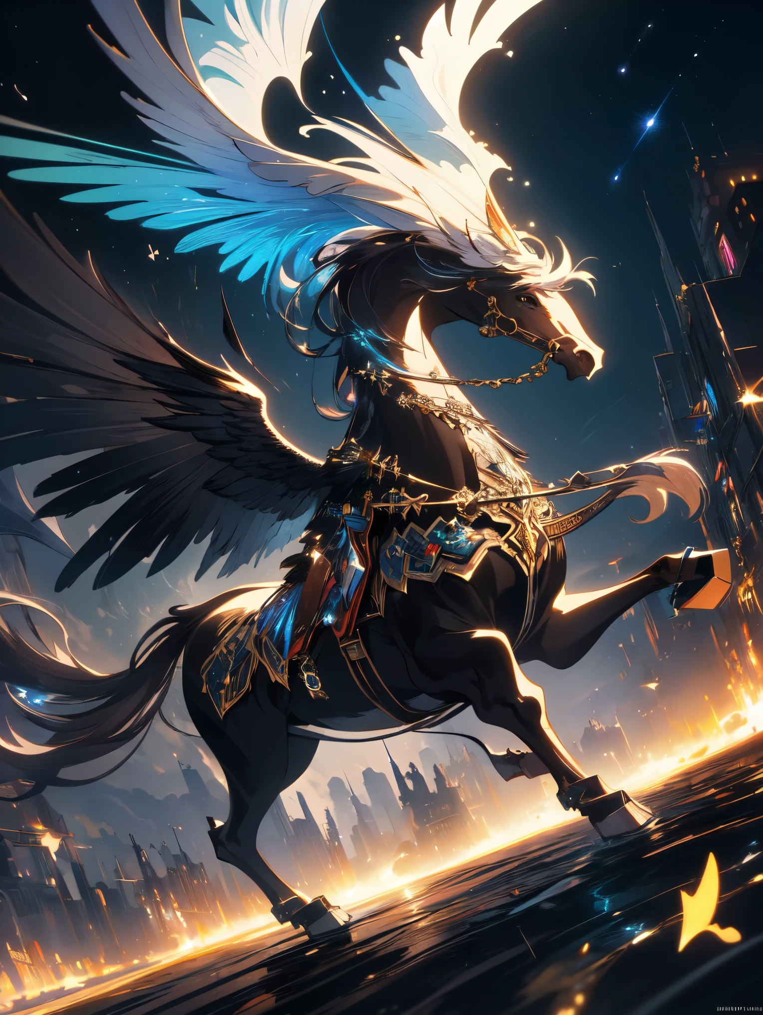 ((masterpiece)), ((highest quality)), ((High resolution)), ((Highly detailed CG Unity 8k wallpaper)), world of picture books、fantasy、girl、fantasy、Ride Pegasus、night scenery、beautiful anime