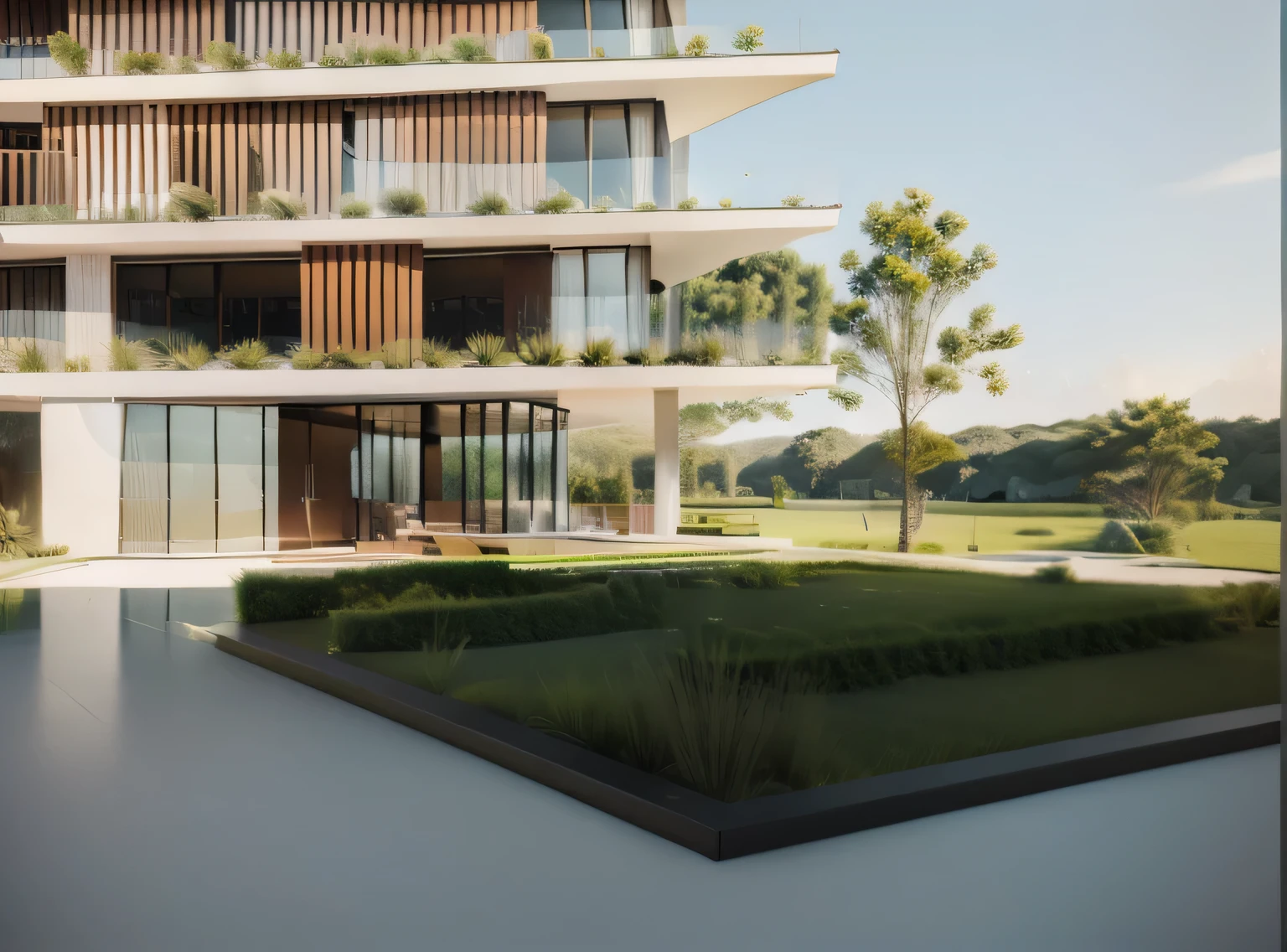 rendering of a modern building with a courtyard and a garden, architectural render, professional render, architecture render, architectural visualisation, detailed rendering, detail render, digital rendering, award-winning render, architectural visualization, highly detailed render, detailed render, high detail render, building cover with plant, architectural rendering, lumion render, architectural 3 d render, green terrace, tropical, mata atlantica