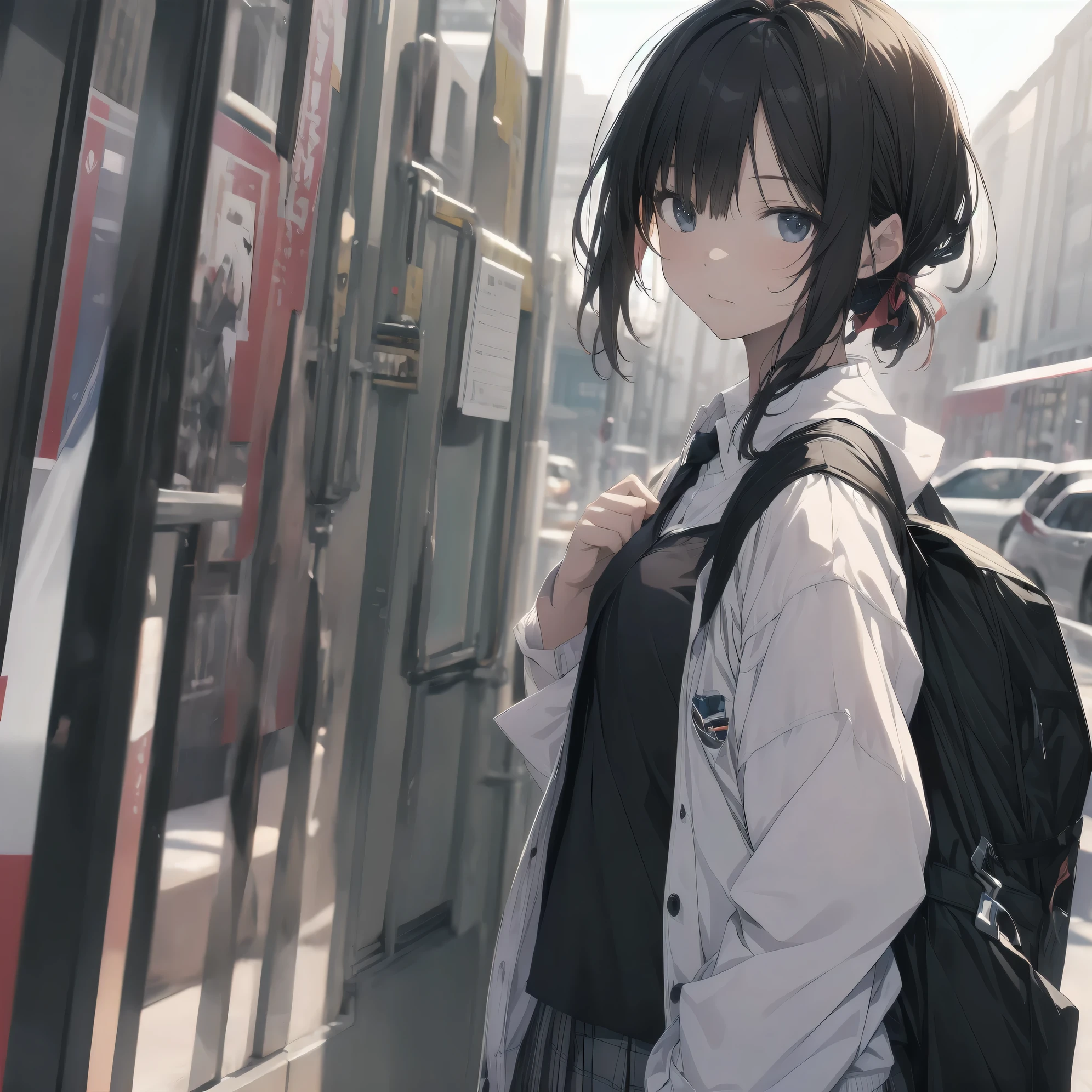 Super absurd quality by the god of art, super detailed, High resolution, anime moe art style, Best Anime 8K Kona-chan Wallpaper, pixiv contest winner, perfect anatomy, break,(眠そうにalone学校へ行く女の子を描いてください. )break,1 girl, (alone,little woman, 13 years old:1.3),All limbs, full finger,, The charm of an immature body, (very_short hair), bangs, small ass, between legs, small eyes, small black eyes, detailed and beautiful eyes, Well-proportioned iris and pupils, expressive eyes, High resolutionの詳細な髪, neck ribbon, skirt, collared shirt, pleated skirt, school uniform, school bag,(detailed lighting), (detailed background), cowboy shot, On the way to school. break,super dense skin, Best cinematic lighting powered by famous artist, 8k,Beauty Illustration,photoshop_(Moderate),Absurd Hi-Res,Hmm,rough skin,break,((artist:dark black,)) artist:Rinzo, artist:Mitsumi_Misato,artist:akinashi_excellent