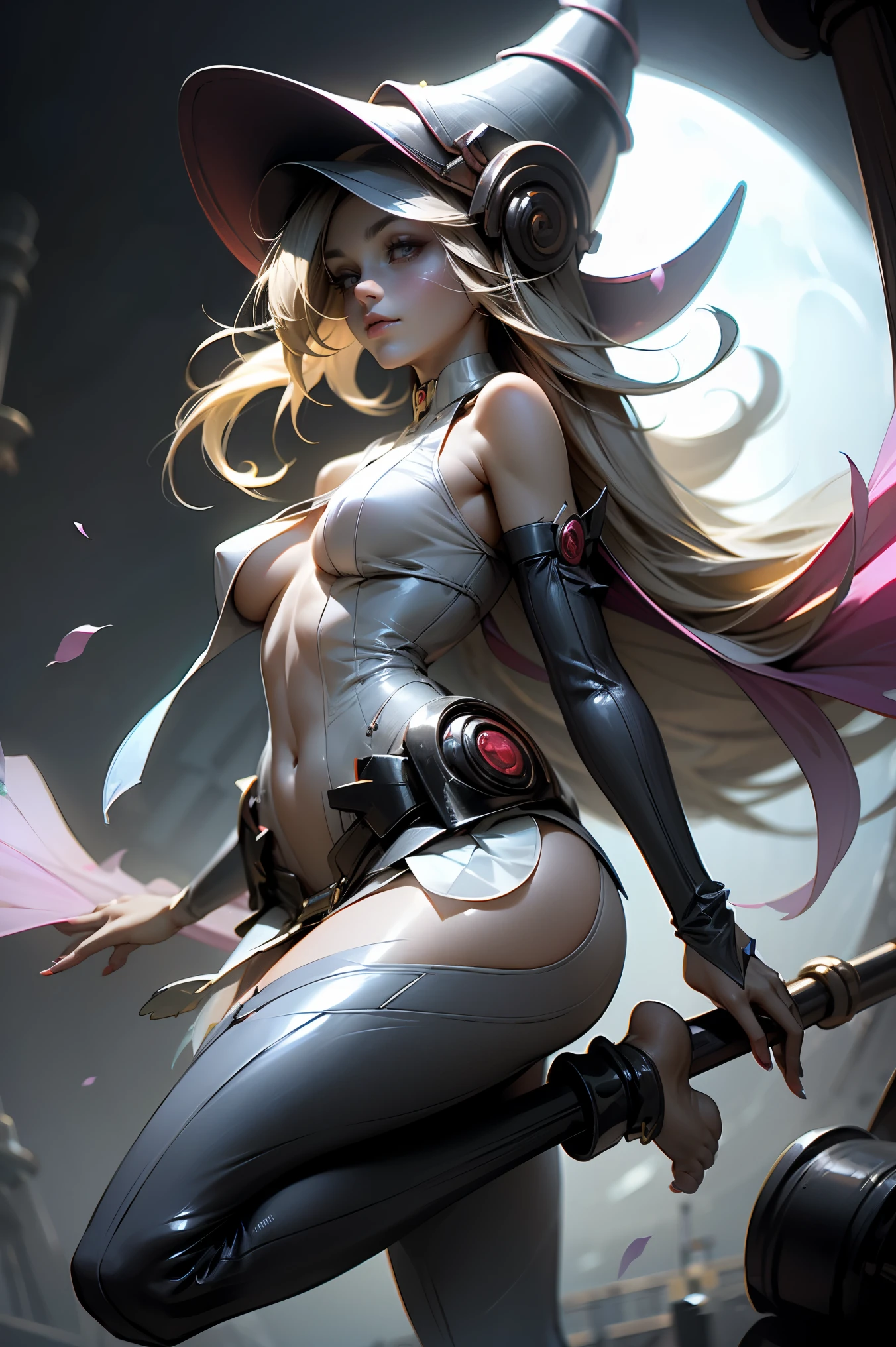 (Obra maestra:1.2), (La mejor calidad:1.2), perfect lighting, Chica Maga Oscura lanzando un hechizo, flotando en el aire, tetas grandes, escote, fondo de magia. Corazones transparente en el hambiente, bata azul, sombrero grande, desde arriba, Destellos, Yugioh Card en el fondo. En tacones y en bikini