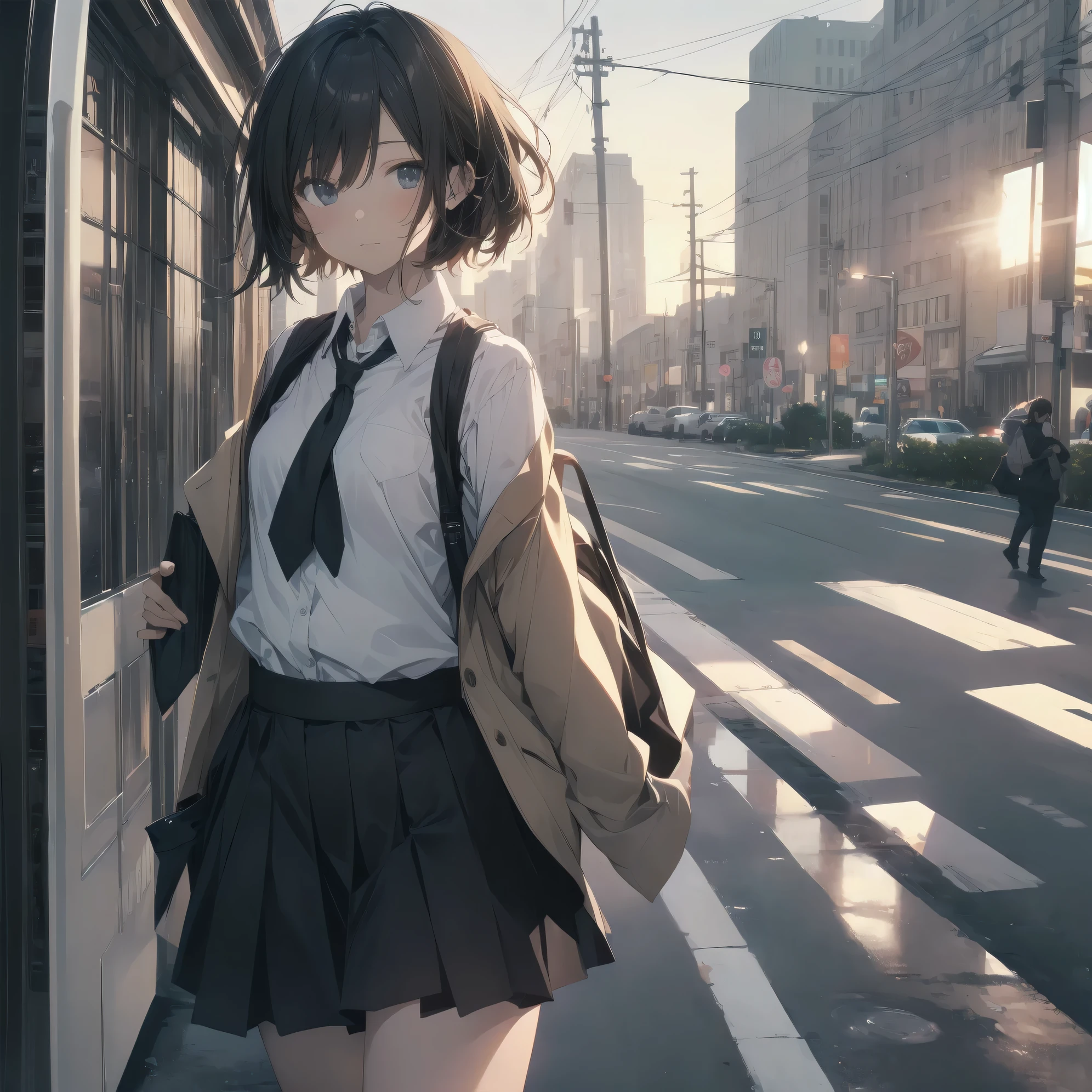 Super absurd quality by the god of art, super detailed, High resolution, anime moe art style, Best Anime 8K Kona-chan Wallpaper, pixiv contest winner, perfect anatomy, break,(眠そうにalone学校へ行く女の子を描いてください. )break,1 girl, (alone,little woman, :1.3),All limbs, full finger,, The charm of an immature body, (very_short hair), bangs, small ass, between legs, small eyes, small black eyes, detailed and beautiful eyes, Well-proportioned iris and pupils, expressive eyes, High resolutionの詳細な髪, neck ribbon, skirt, collared shirt, pleated skirt, school uniform, school bag,(detailed lighting), (detailed background), cowboy shot, On the way to school. break,super dense skin, Best cinematic lighting powered by famous artist, 8k,Beauty Illustration,photoshop_(Moderate),Absurd Hi-Res,Hmm,rough skin,break,((artist:dark black,)) artist:Rinzo, artist:Mitsumi_Misato,artist:akinashi_excellent