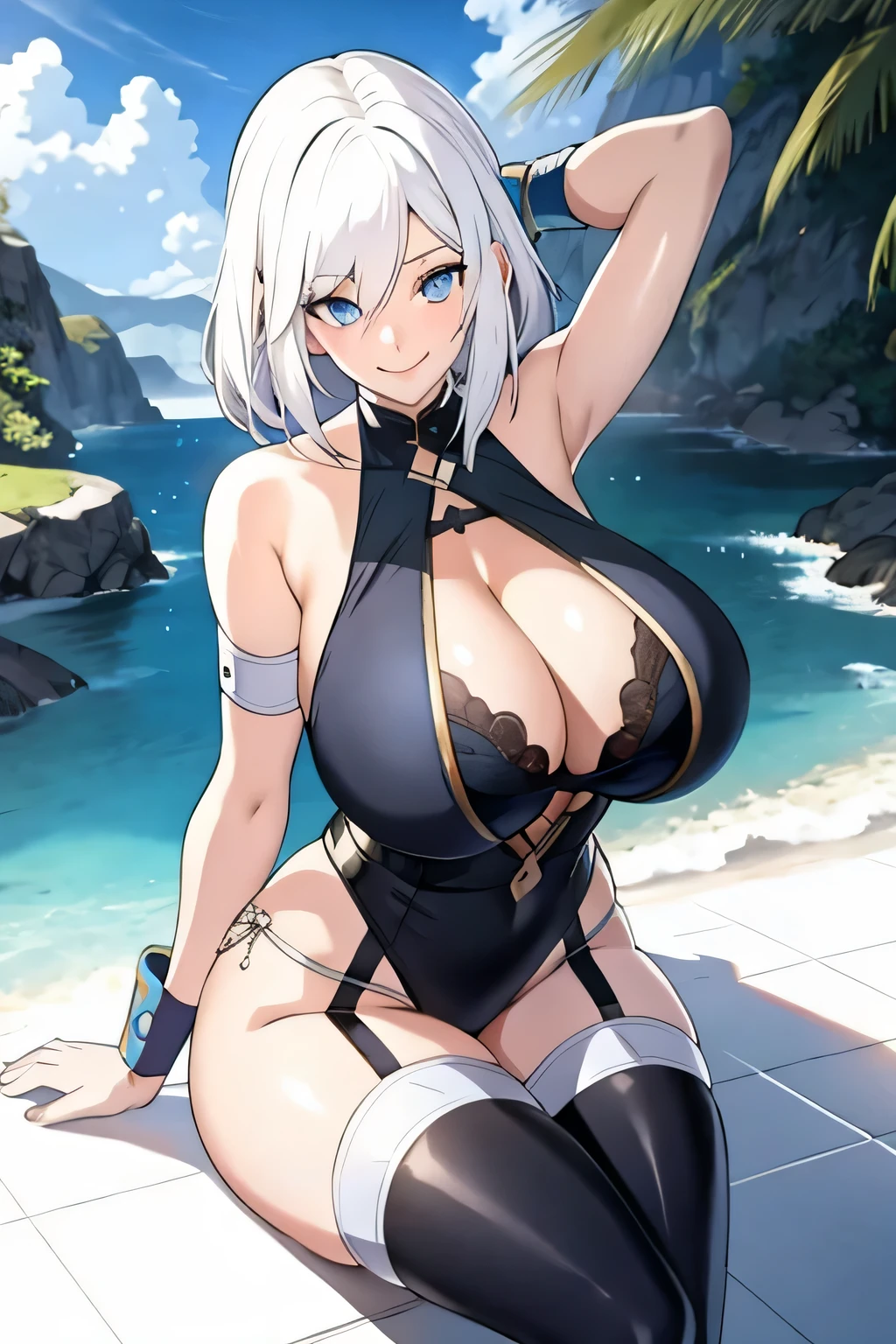 white hair, blue eyes, solo, smiling, standing, upper body, hips, gigantic breasts, black clothes