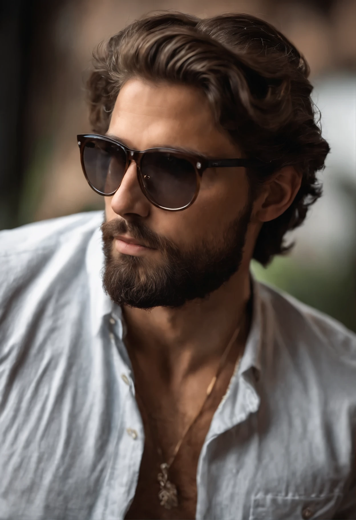 Homem bonito de 28 anos, cabelo castanho escuro curtinho, barba grande, camisa polo branca com uma bolsa marrom pendurada no ombro esquerdo, glasses and small ear and nose a bit big, model looking, white guy, ultra detailed, very detailed , looking to his left, standing , slide profile, ultra realistic