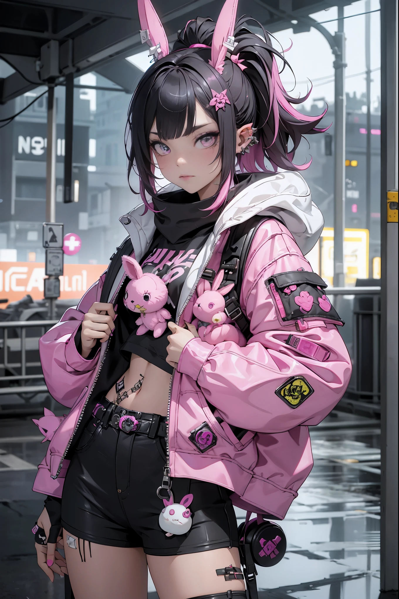 (highest quality、8k、32K、masterpiece、nffsw:1.3)、(Photoreal:1.4),(shoot from front,looking at viewer:1.5)、18-year-old punk girl,eccentric punk hair,((pink and black punk fashion:1.5)),clothes with studs、(He holds a stuffed crazy bunny in his left hand.:1.5)、(black backpack on the back:1.0)、（bright black and pink hair:1.5）,Wacky makeup、、dark background、Desolate city in the rain、puddle on the road、(cinematic lighting)、Depth of the bounds written,blurred background、