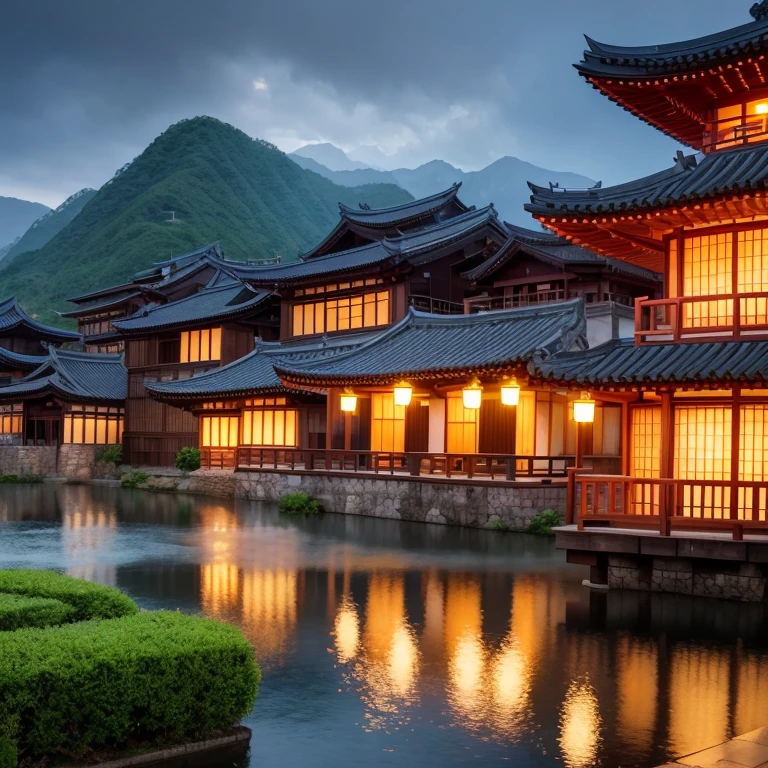 arafed view of a village with a lot of lights on the buildings, dreamy chinese town, chinese village, amazing wallpaper, japanese town, japanese village, hyper realistic photo of a town, old asian village, japanese city, by Raymond Han, rainy evening, cyberpunk chinese ancient castle, beautifully lit buildings, at evening during rain, beautiful and aesthetic, photography, cinematic, 8k, high detailed ((Heavy rain)))