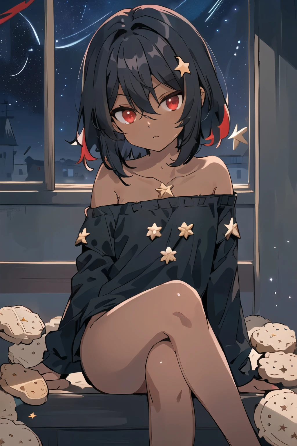 , (((small hair))), (((Red eyes))), Black blouse, bare legs, Black hair, (((best quality))), Cute, , bare shoulder, Seeing underneath, (((((Masterpiece))))), (((((Night))))), (((((stars))))), ((biscuit in the hair)), ((Biscuit ornament in hair)), (((((dark skin))))), ((Cookie ornaments)), Beautiful eyes, ((detailed eyes)), ((nothing underneath)), naked shirt, Bare legs, crossed legs,