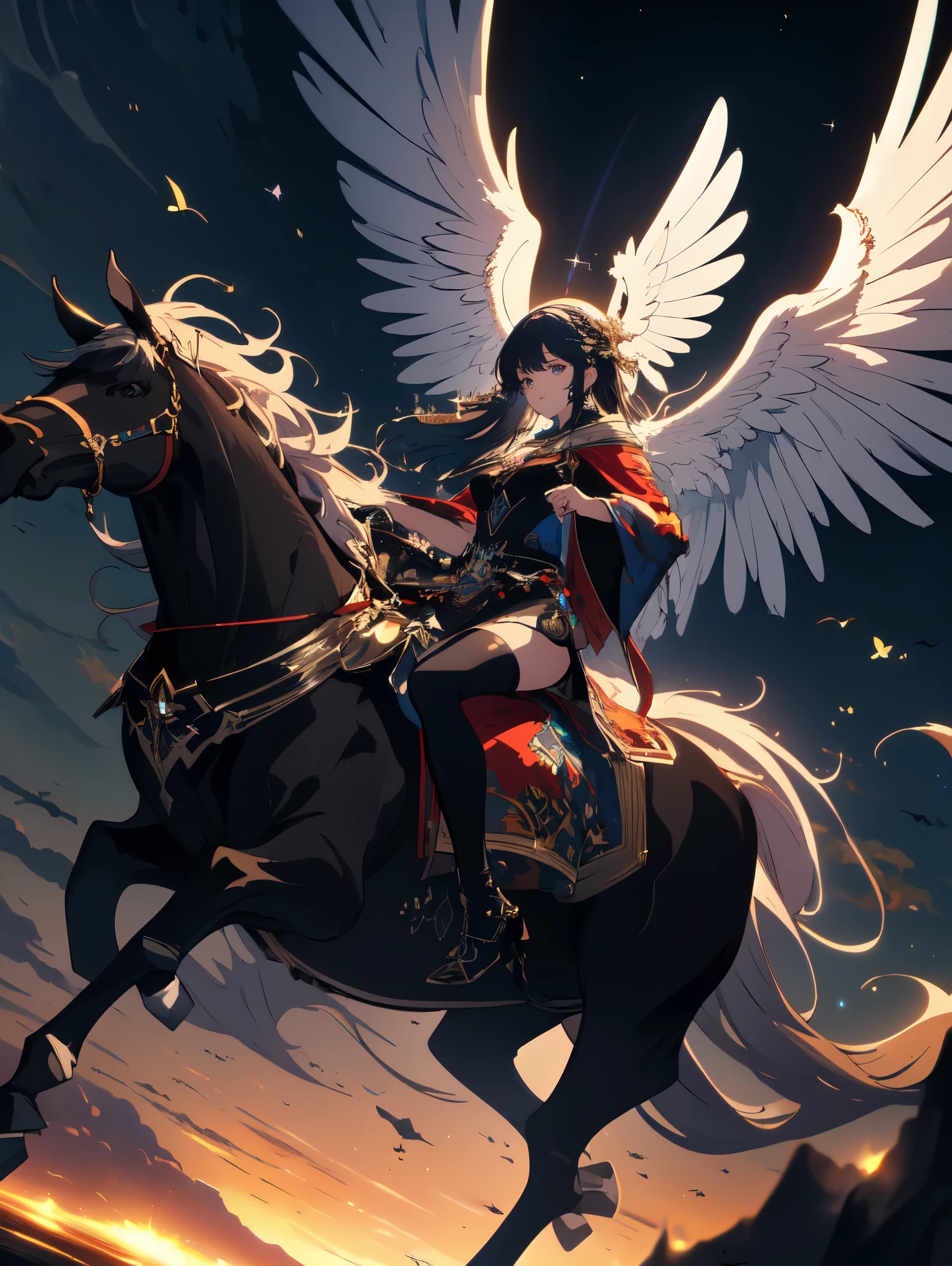 ((masterpiece)), ((highest quality)), ((High resolution)), ((Highly detailed CG Unity 8k wallpaper)), world of picture books、fantasy、girl、fantasy、Ride Pegasus、night scenery、nature、beautiful anime