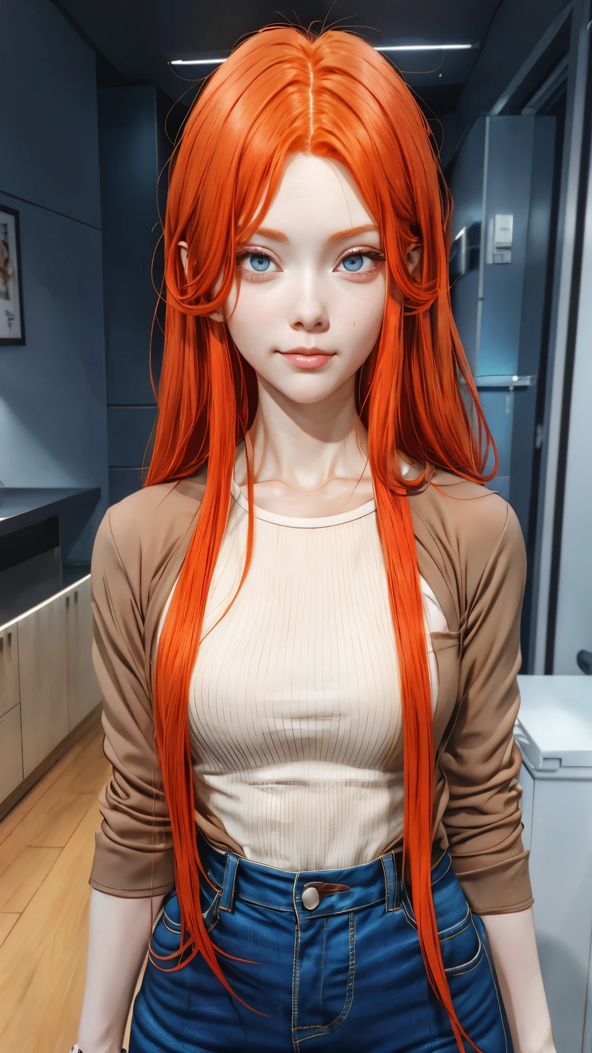 a woman with long red hair and blue eyes standing in a room, she has long orange brown hair, she has long redorange hair, ilya kuvshinov with long hair, in the anime film, seductive anime girl, anya from spy x family, female anime character, ( ( ( yoshinari yoh ) ) ), anime girl with long hair