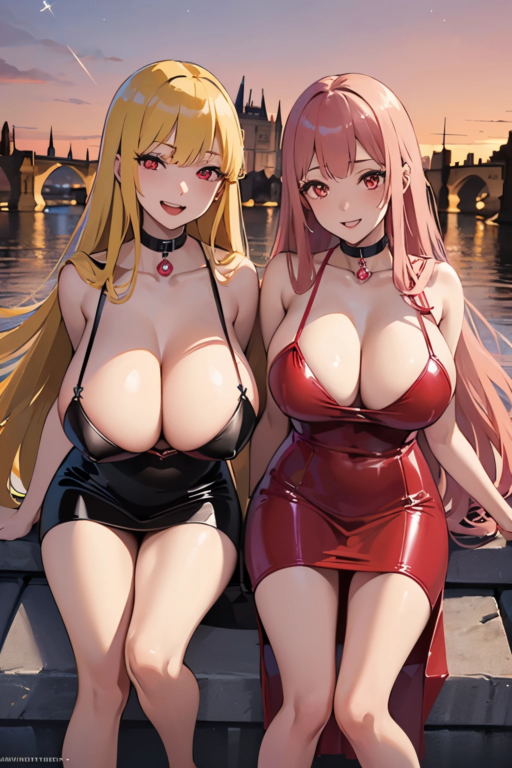 (Full body), (Marin Kitagawa:1.2), (form My Dress-up Darling), (long blonde hairs) with (red melange:1.1), (sparkle pink-red eyes:1.2), (H-cups), happy smile, (open mouth), (evening latex dress:1.2), (drinking win), (charles bridge in Prague background), (collar and leash:1.2), (detailed face and eyes:1.2), (huge breasts:1.1), (bombshell:1.2), (deep cleavage:1.1), (labia:1.2), (teat outline:1.2).