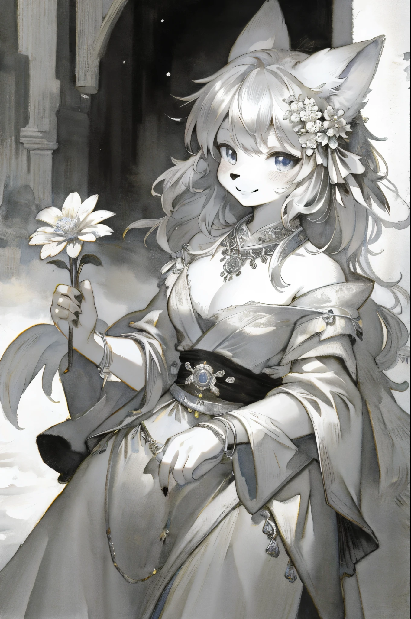 monochrome, watercolor, highres, top quality, best quality, paid reward available, High-quality illustrations, unparalleled masterpiece, perfect artwork, absurdres, 1girl, kemono, furry, detailed body fur, animal face, animal hand, Archaic Smile, holding a cluster of  silver flower in both hands, which are positioned at chest level, She is wearing a simple ring on the ring finger of her left hand, unfocused spread of silver flower, fan-created work shared on platforms Pixiv or Twitter,