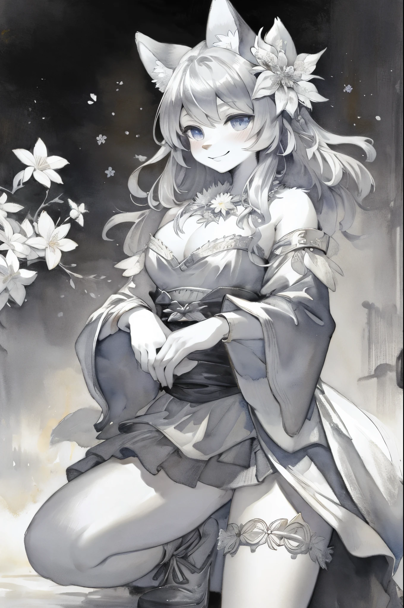 monochrome, watercolor, highres, top quality, best quality, paid reward available, High-quality illustrations, unparalleled masterpiece, perfect artwork, absurdres, 1girl, kemono, furry, detailed body fur, animal face, animal hand, Archaic Smile, holding a cluster of  silver flower in both hands, which are positioned at chest level, She is wearing a simple ring on the ring finger of her left hand, unfocused spread of silver flower, fan-created work shared on platforms Pixiv or Twitter,