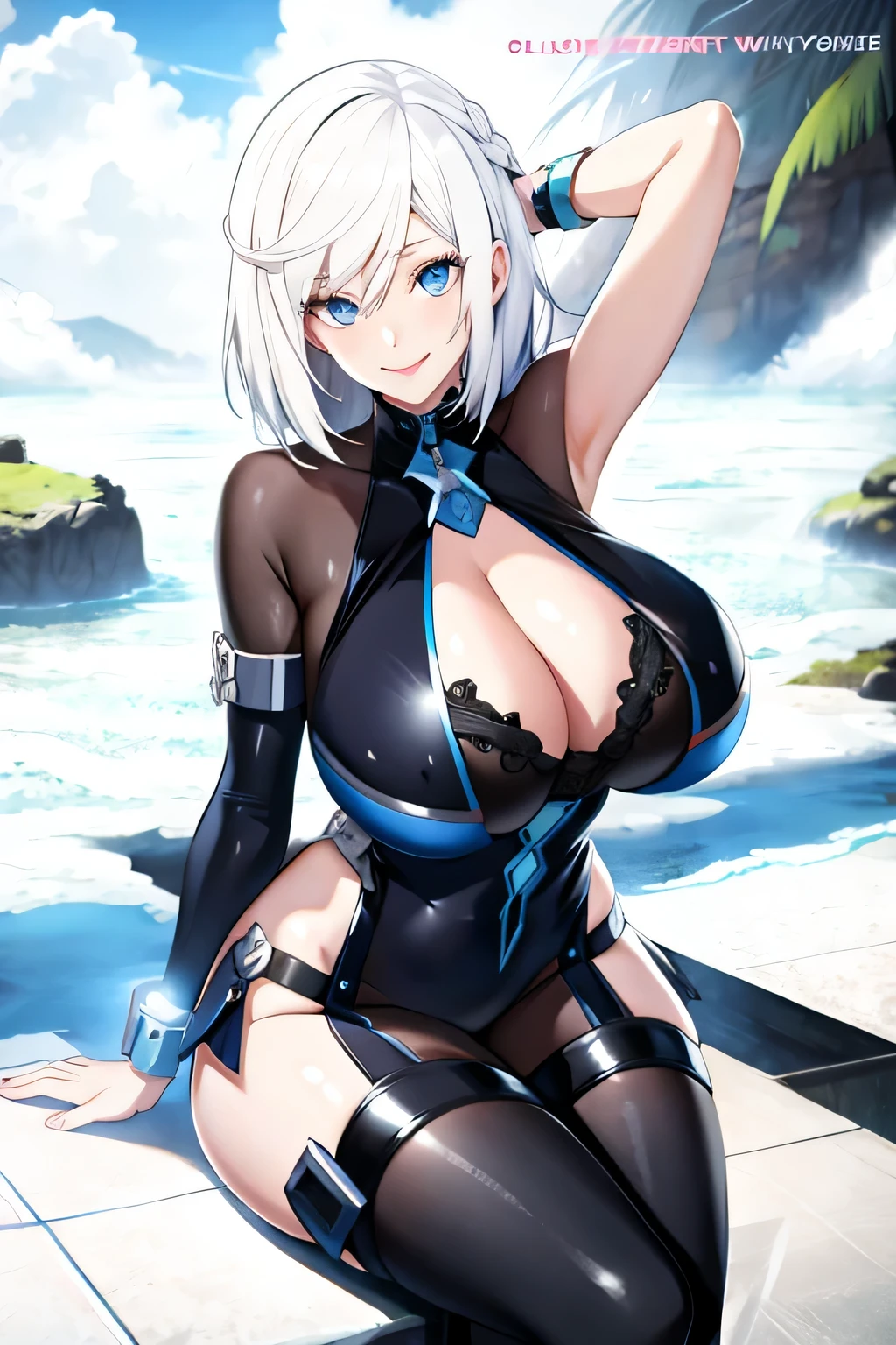 white hair, blue eyes, solo, smiling, standing, upper body, hips, gigantic breasts, black clothes