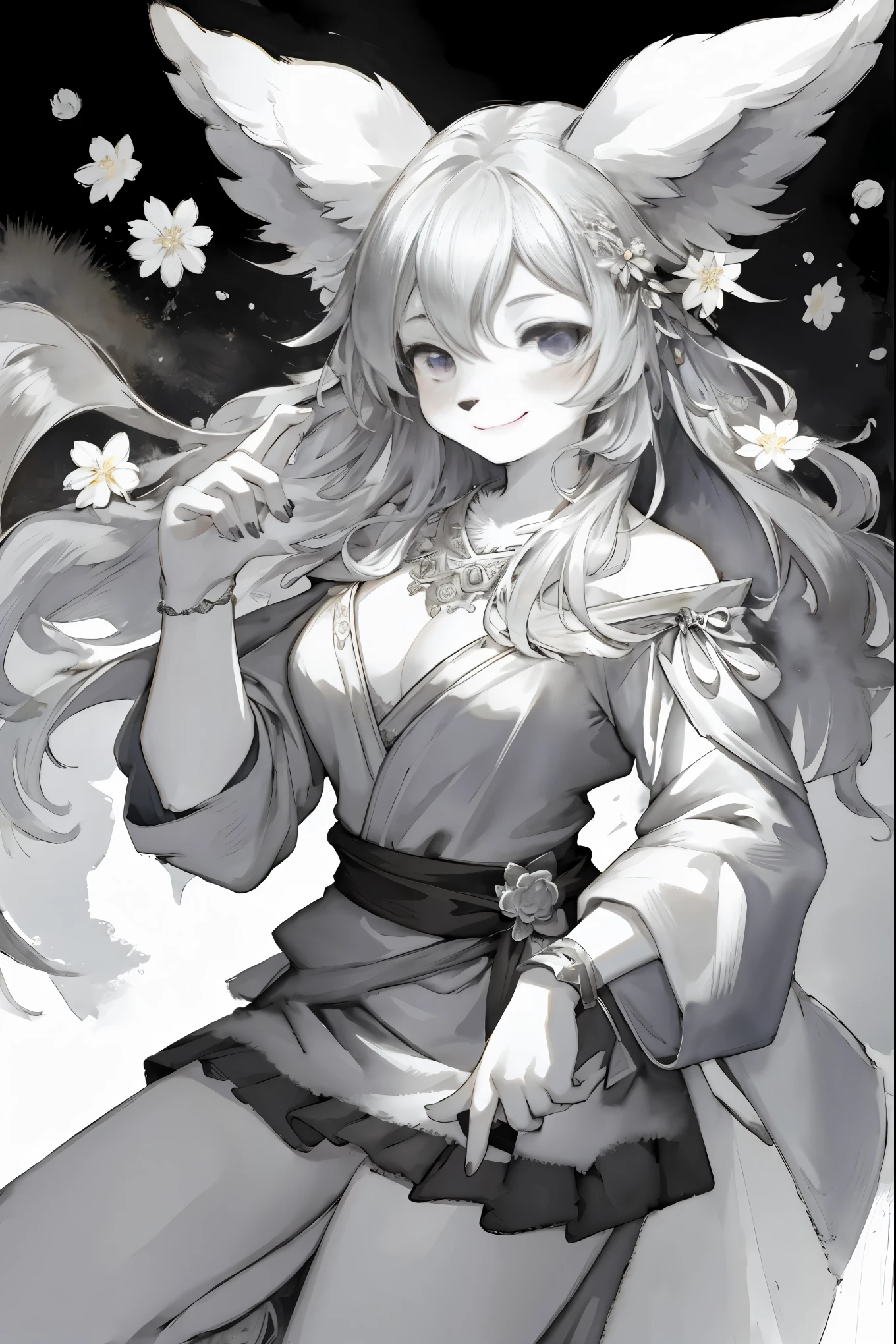 monochrome, watercolor, highres, top quality, best quality, paid reward available, High-quality illustrations, unparalleled masterpiece, perfect artwork, absurdres, 1girl, kemono, furry, detailed body fur, animal face, animal hand, Archaic Smile, holding a cluster of silver flower in both hands, which are positioned at chest level, She is wearing a simple ring on the ring finger of her left hand, unfocused spread of silver flower, fan-created work shared on platforms Pixiv or Twitter,