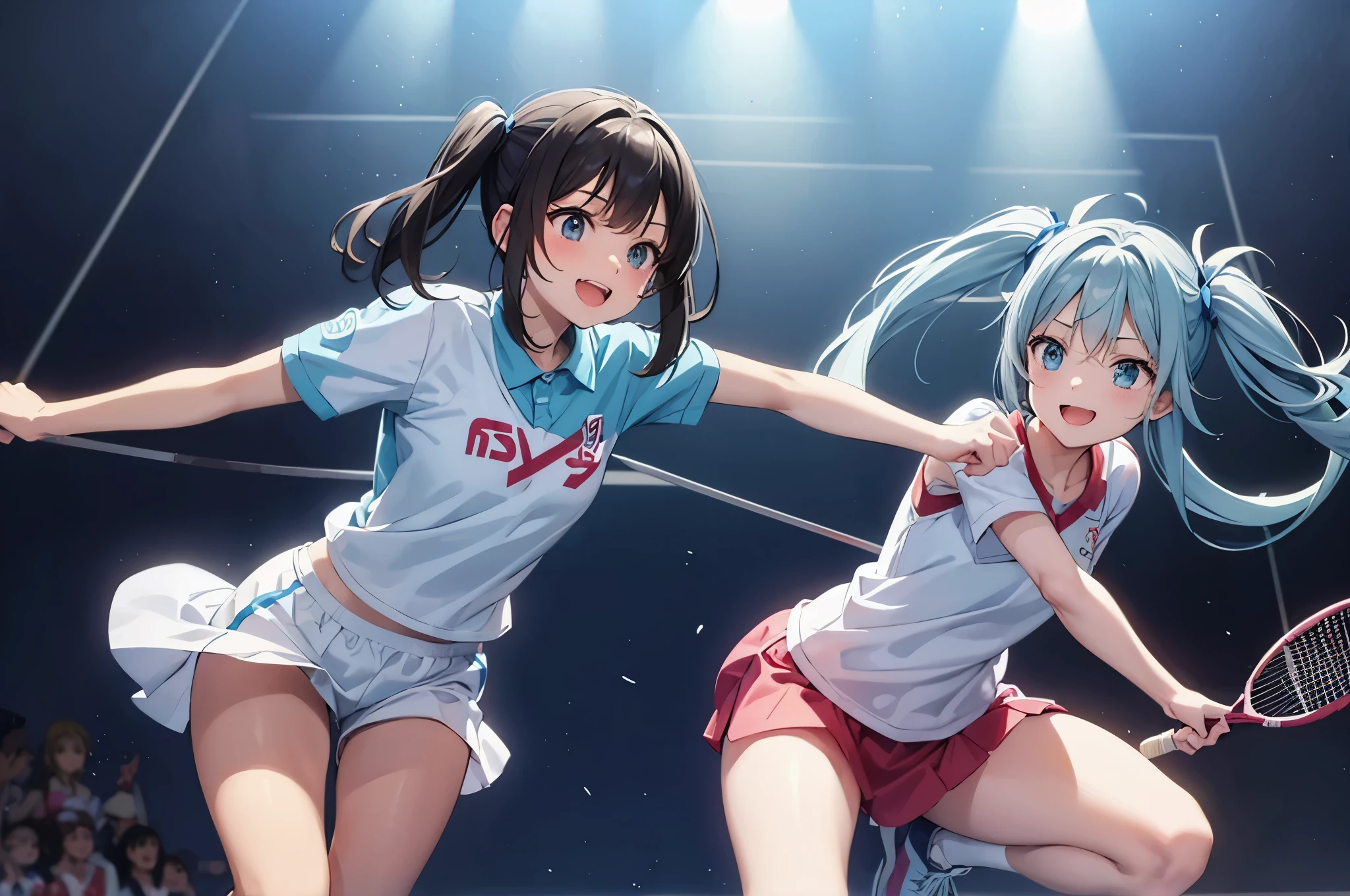 light blue long hair、Beautiful girl with twin tails Jumping with a badminton racket enjoying badminton A happy smile sports girls