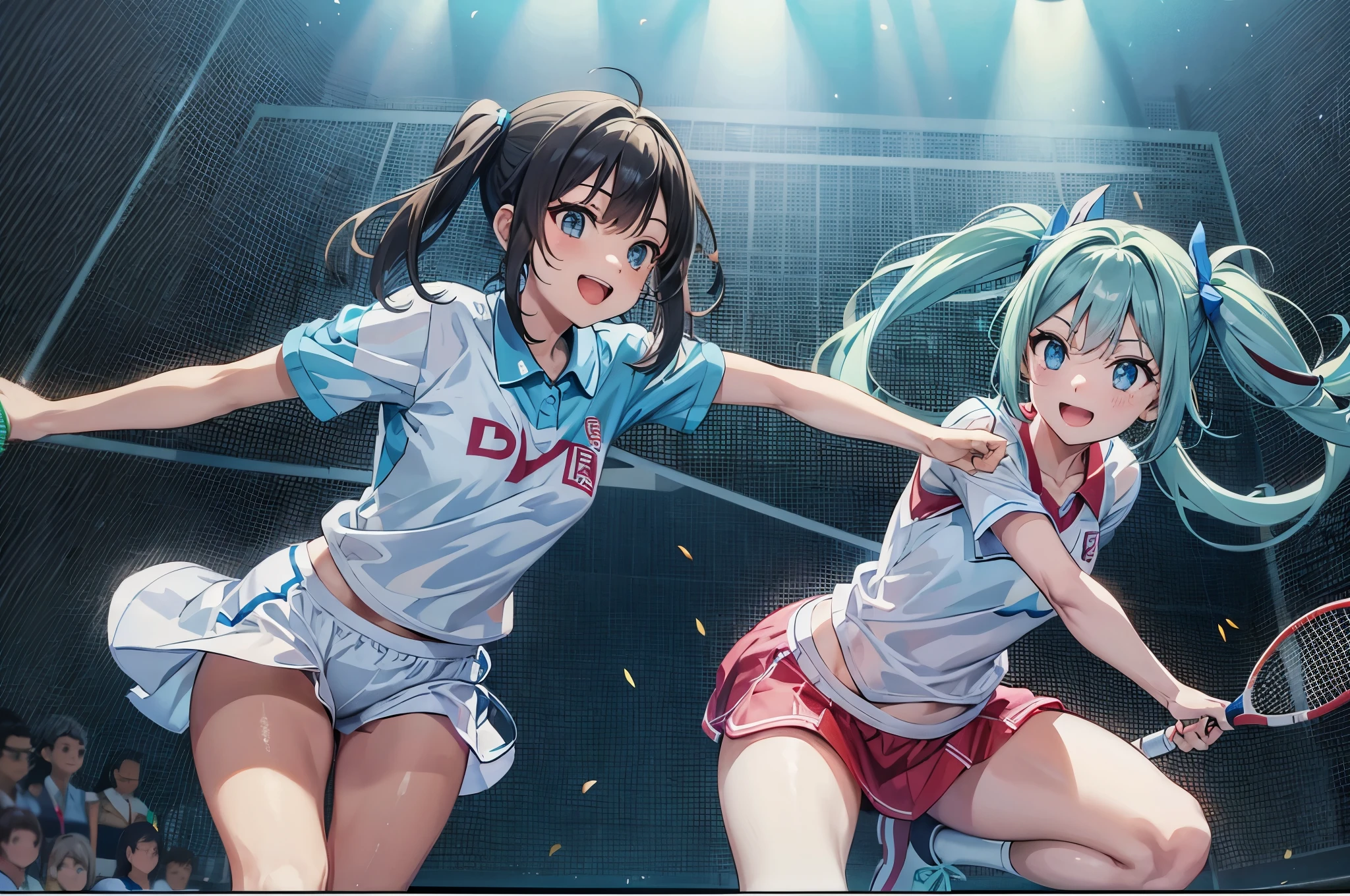 light blue long hair、Beautiful girl with twin tails Jumping with a badminton racket enjoying badminton A happy smile sports girls