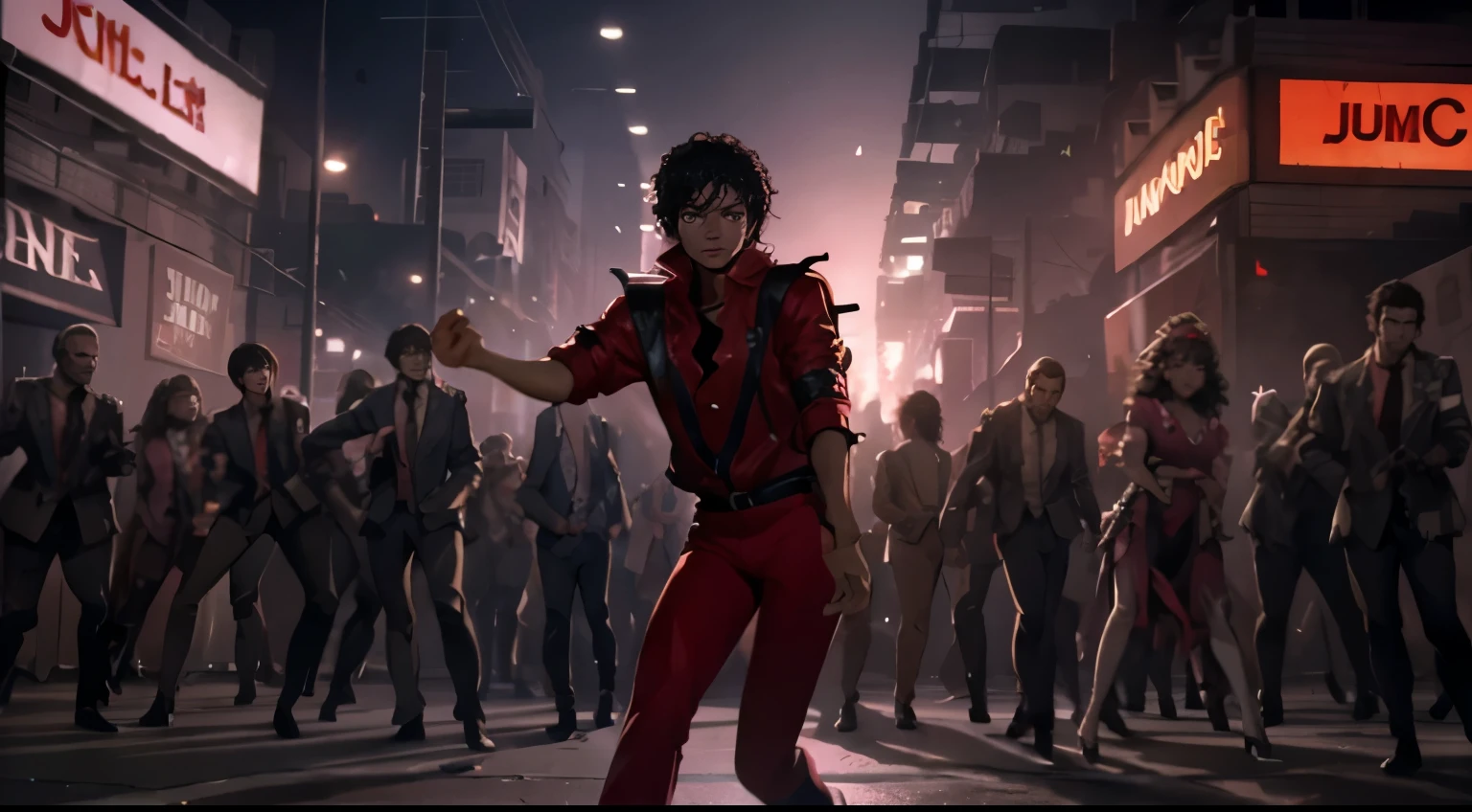 mjthriller surrouded by zombies, dancing King of POP, epic